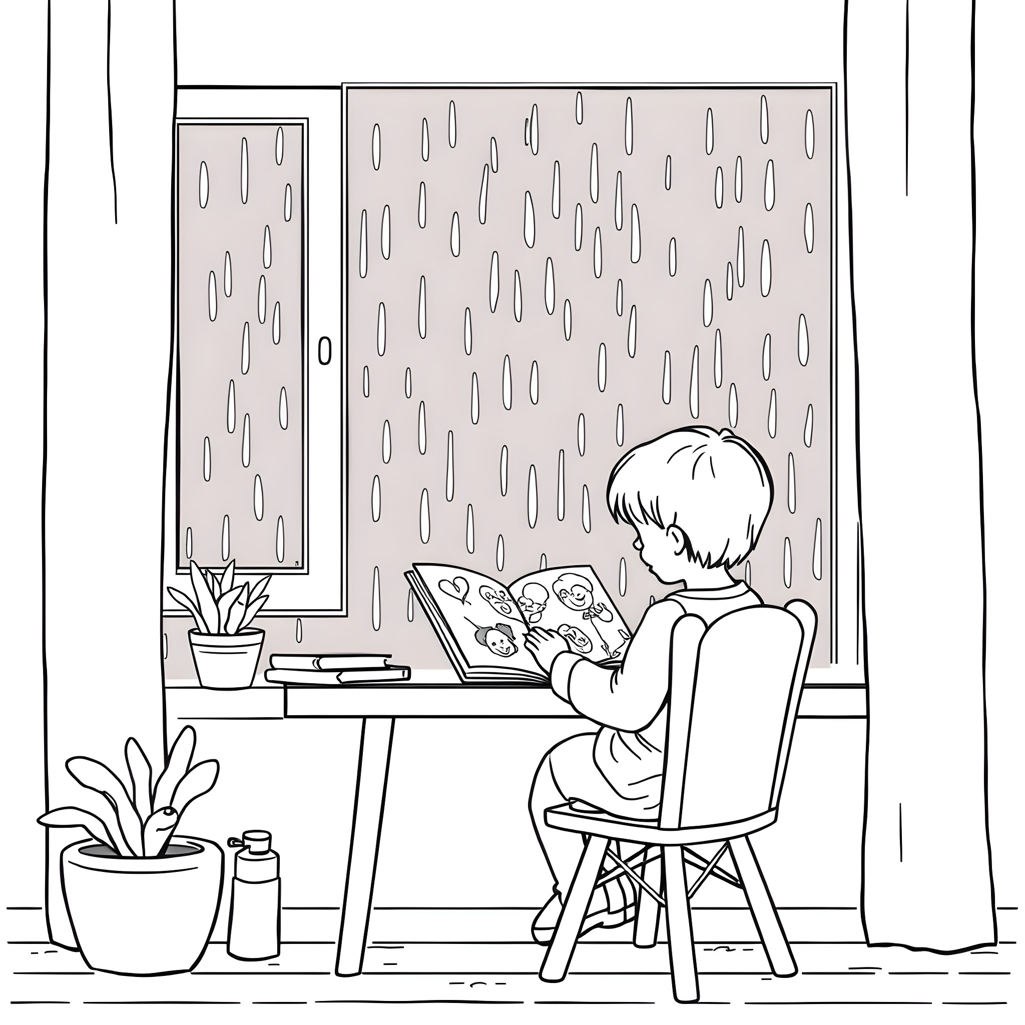 Kid reading a book by the window on a rainy day Coloring Page (free black-and-white line drawing printable PDF for all, from beginners to advanced learners, including children, teens, adults, and seniors)