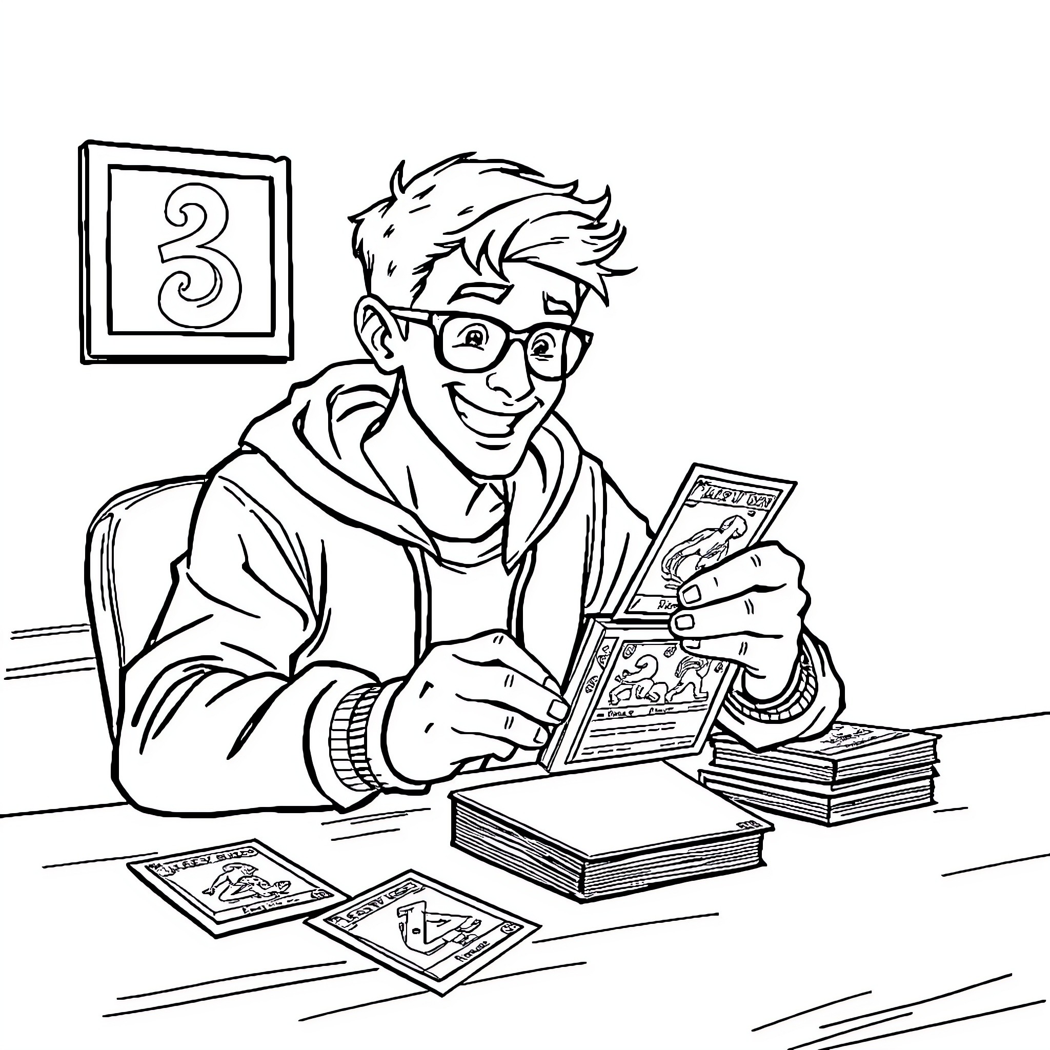 Nerd Enjoying Tabletop Gaming Coloring Page (free black-and-white line drawing printable PDF for all, from beginners to advanced learners, including children, teens, adults, and seniors)
