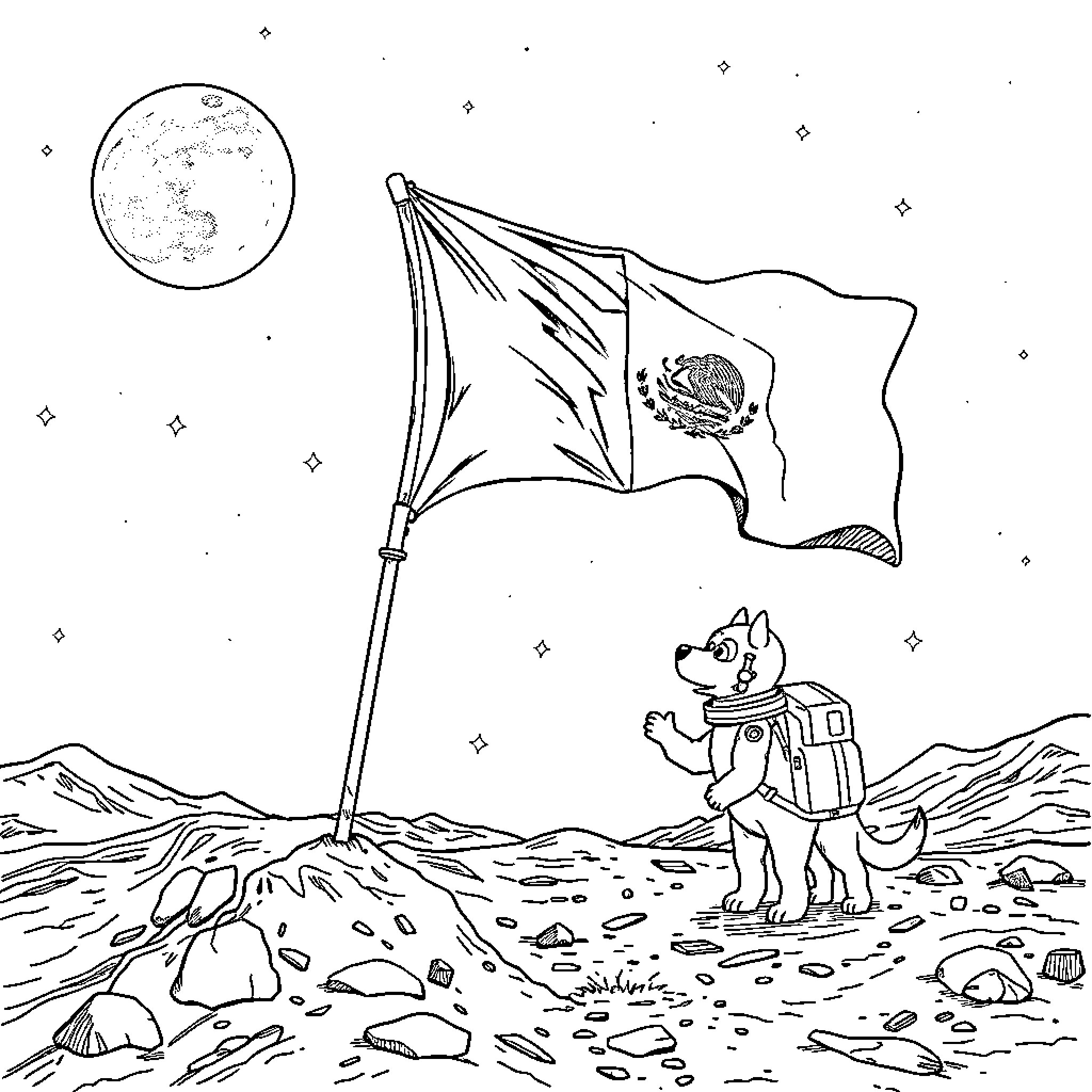 Flag waving proudly in the alien landscape Coloring Page (free black-and-white line drawing printable PDF for all, from beginners to advanced learners, including children, teens, adults, and seniors)