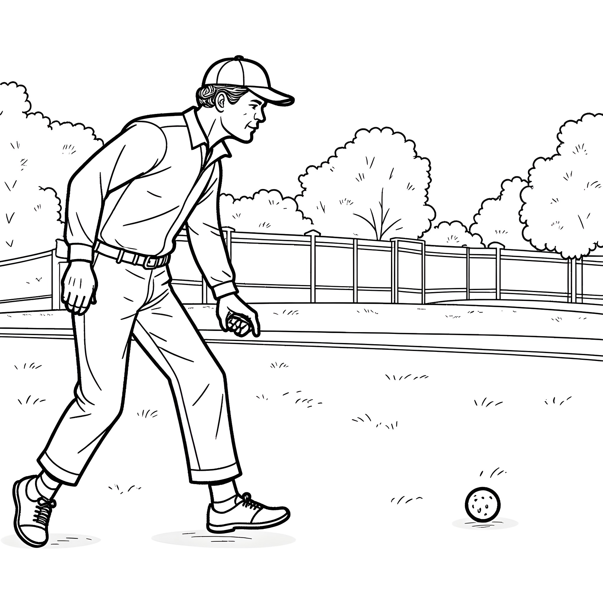 Forrest Gump enjoying a peaceful walk on the park trail Coloring Page (free black-and-white line drawing printable PDF for all, from beginners to advanced learners, including children, teens, adults, and seniors)