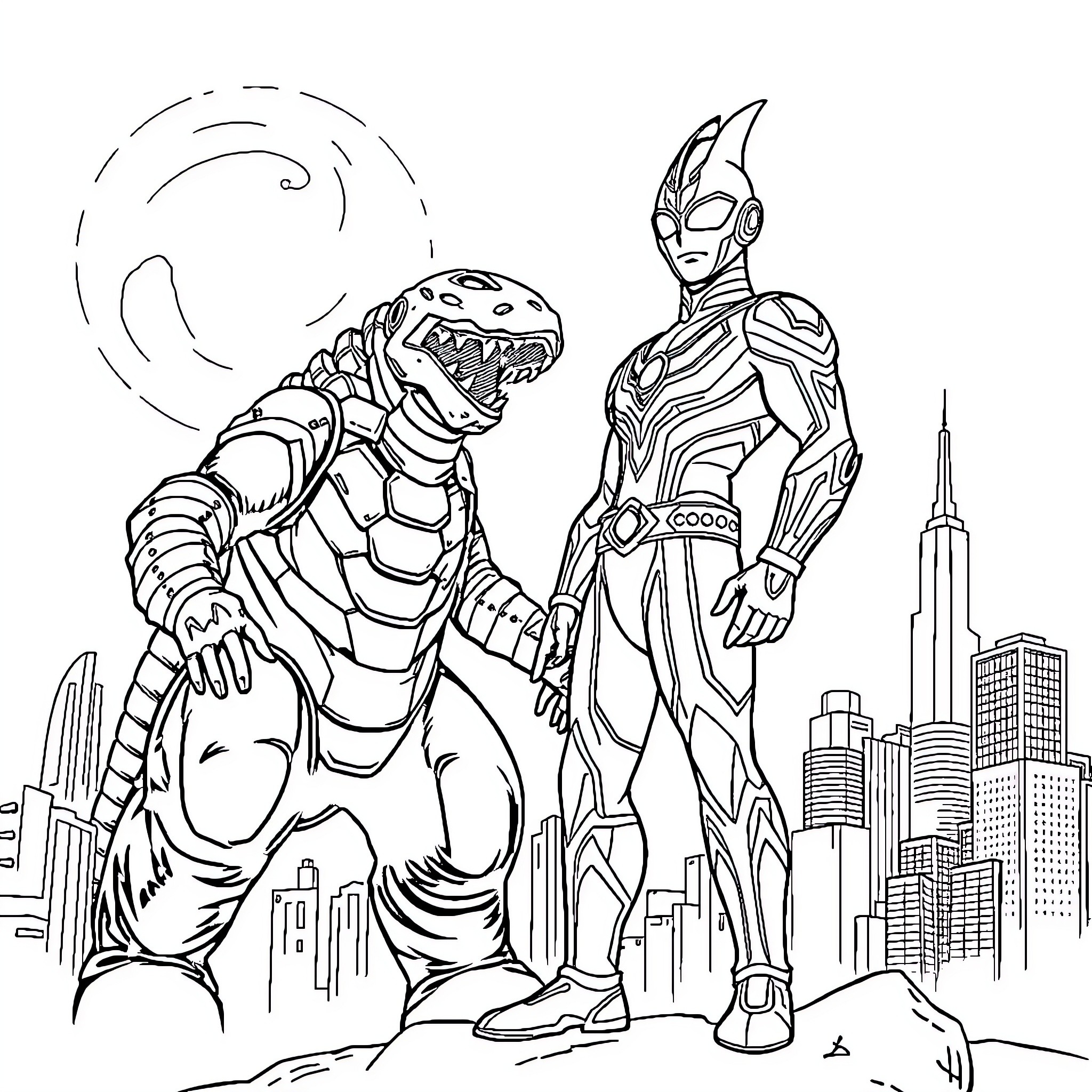 Ultraman defending the city against a giant monster Coloring Page (free black-and-white line drawing printable PDF for all, from beginners to advanced learners, including children, teens, adults, and seniors)