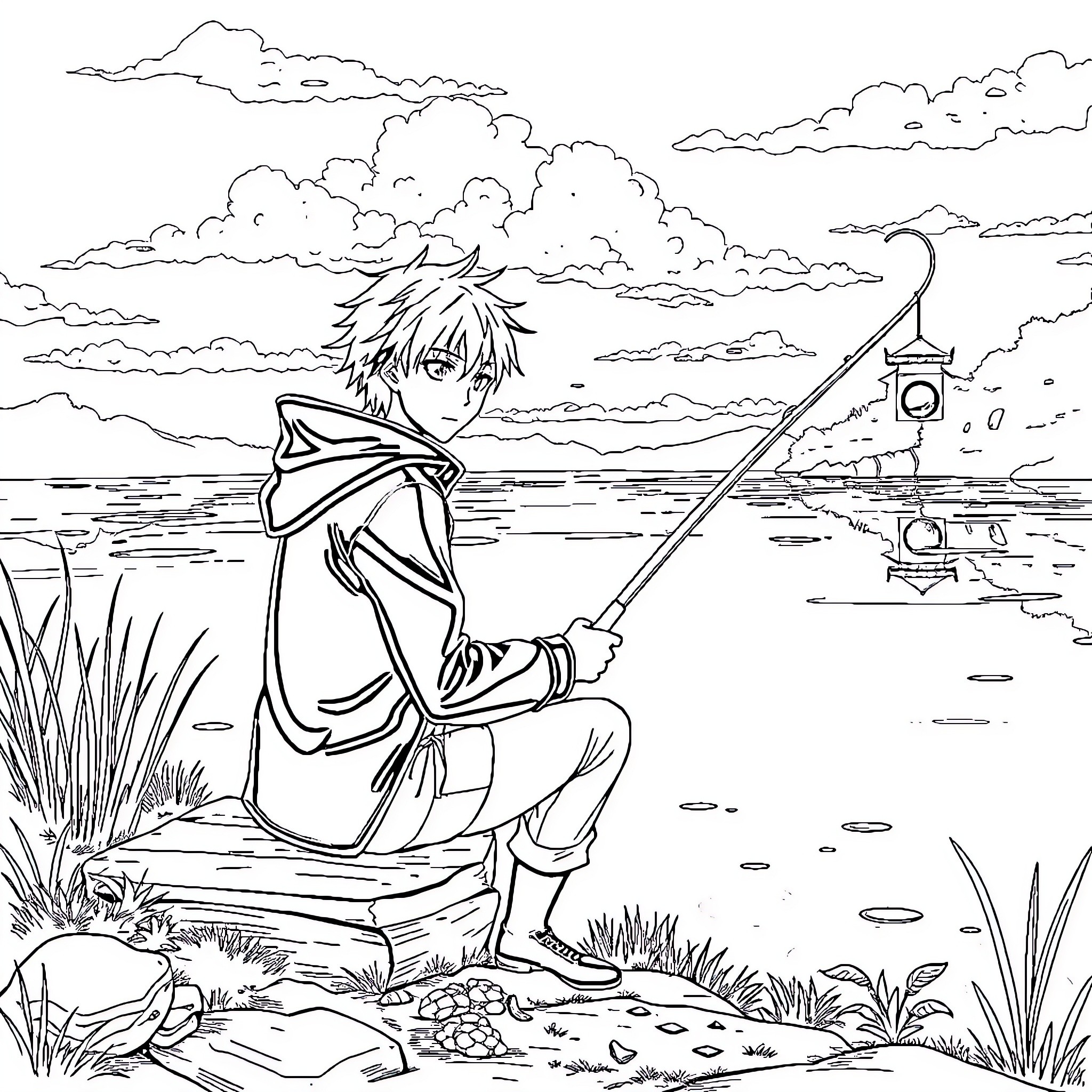 Kirito fishing by the lakeside Coloring Page (free black-and-white line drawing printable PDF for all, from beginners to advanced learners, including children, teens, adults, and seniors)