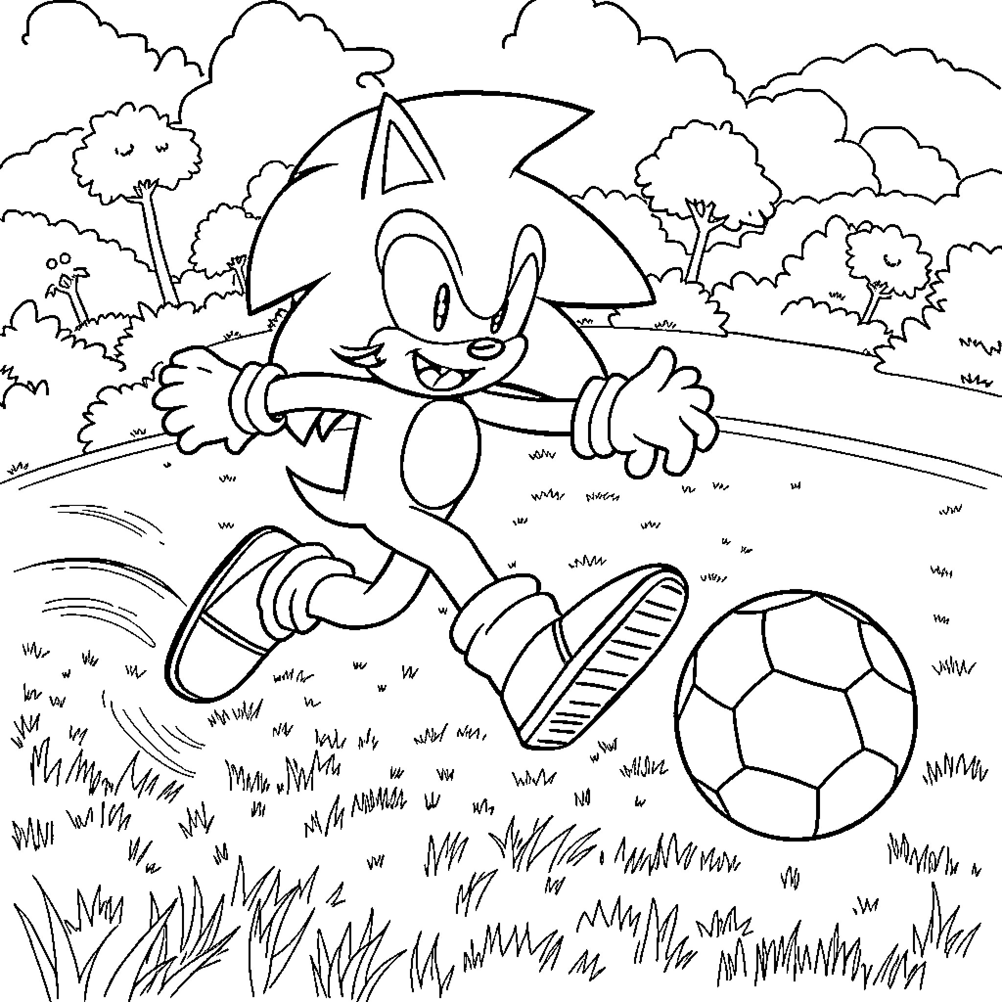 Sonic running happily with a soccer ball in the park Coloring Page (free black-and-white line drawing printable PDF for all, from beginners to advanced learners, including children, teens, adults, and seniors)