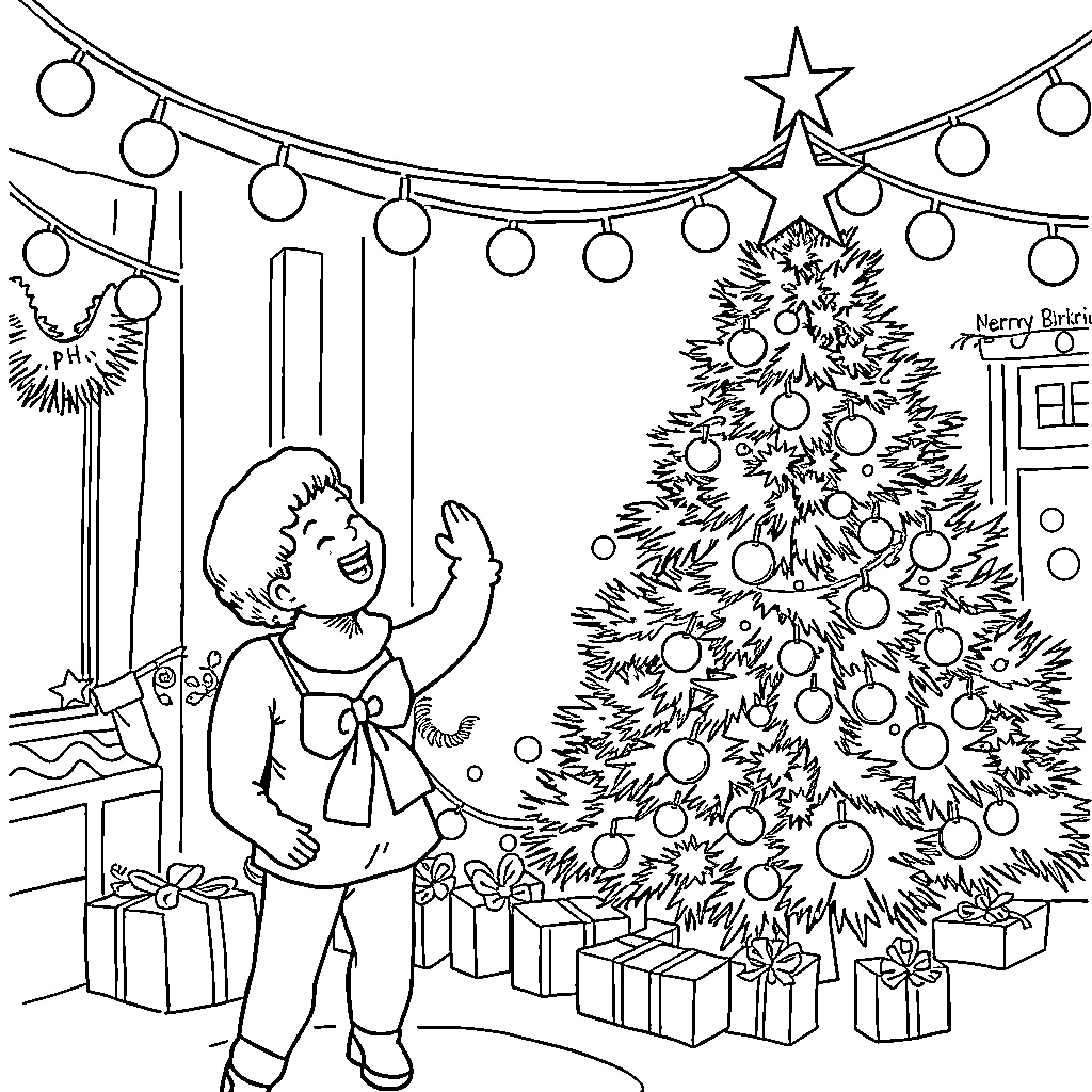 Christmas scene with decorated tree and excited child Coloring Page (free black-and-white line drawing printable PDF for all, from beginners to advanced learners, including children, teens, adults, and seniors)