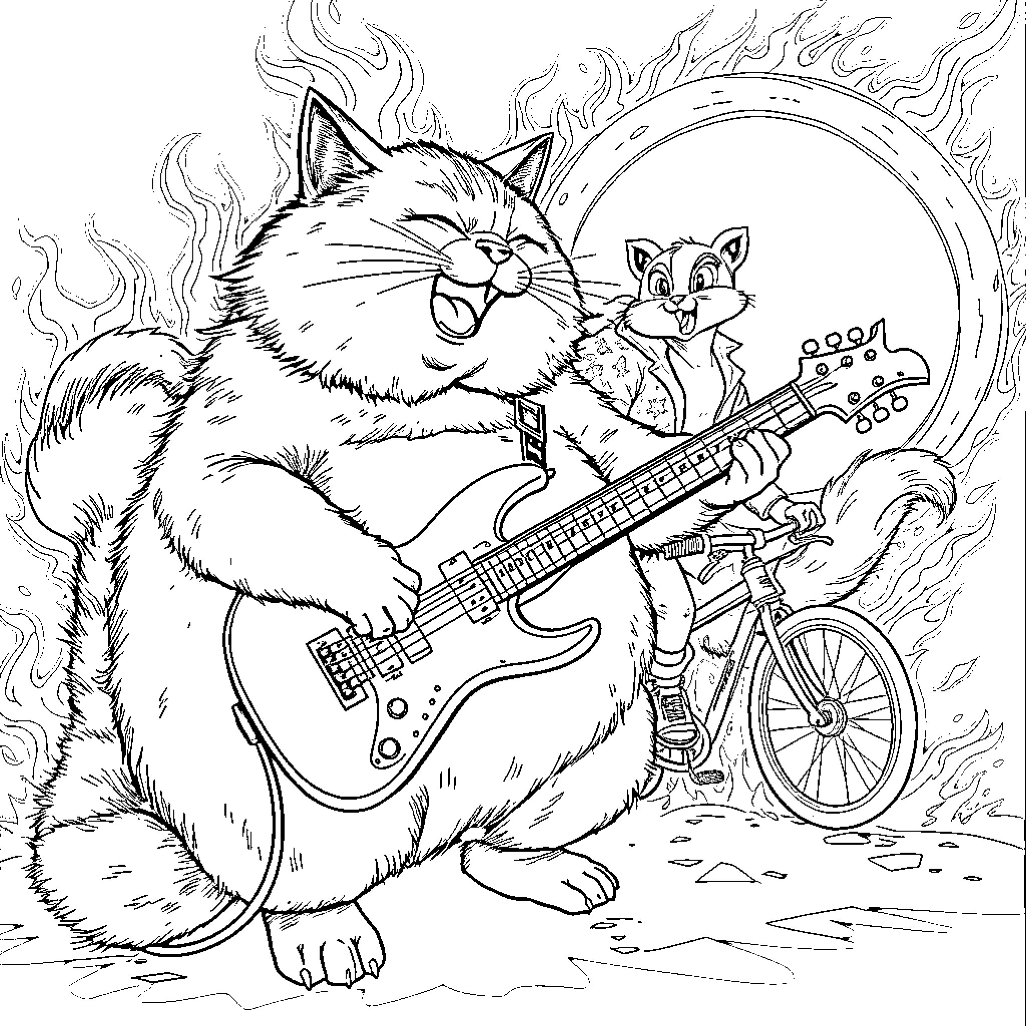 Cat playing electric guitar with companion Coloring Page (free black-and-white line drawing printable PDF for all, from beginners to advanced learners, including children, teens, adults, and seniors)