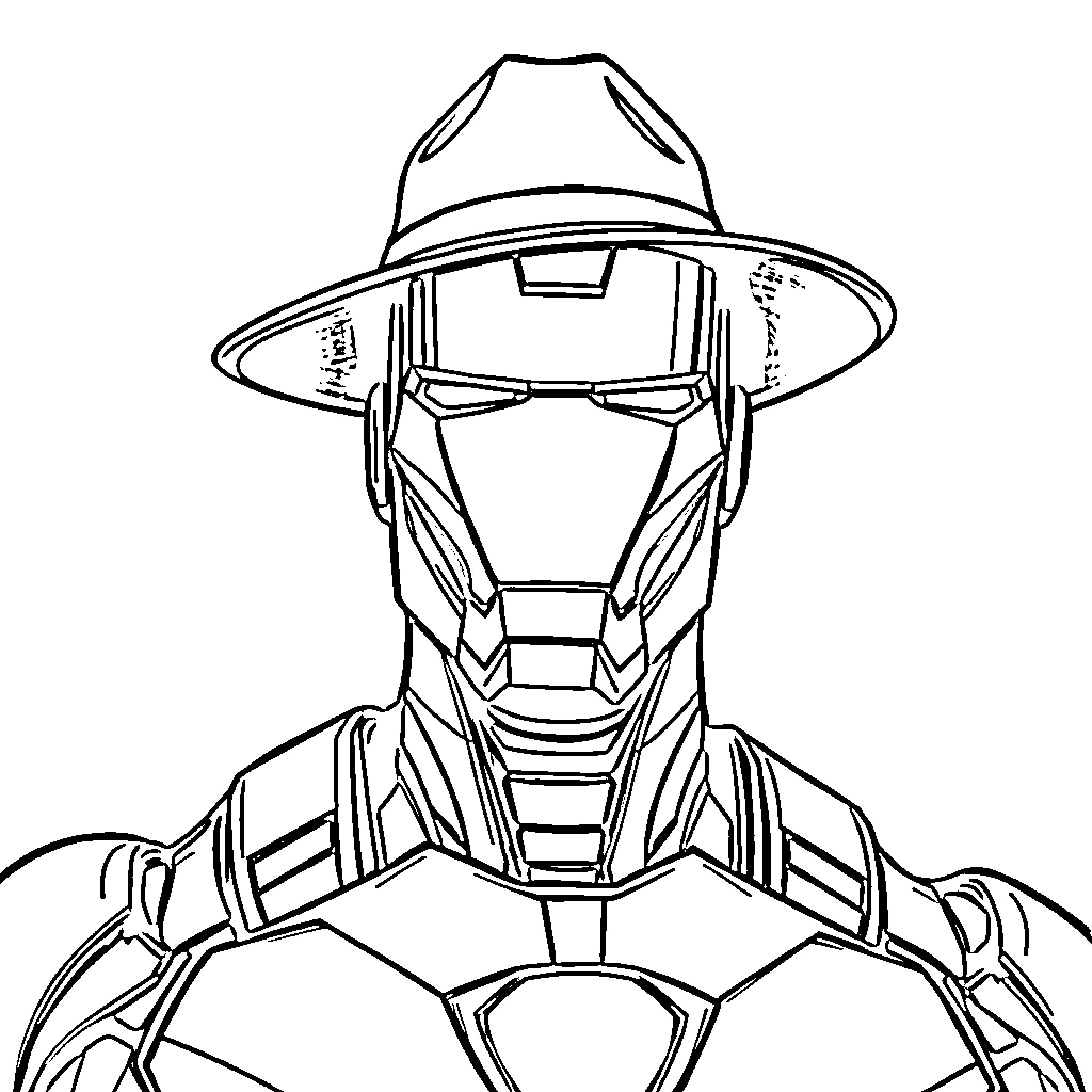 Ironman in futuristic suit with helmet Coloring Page (free black-and-white line drawing printable PDF for all, from beginners to advanced learners, including children, teens, adults, and seniors)