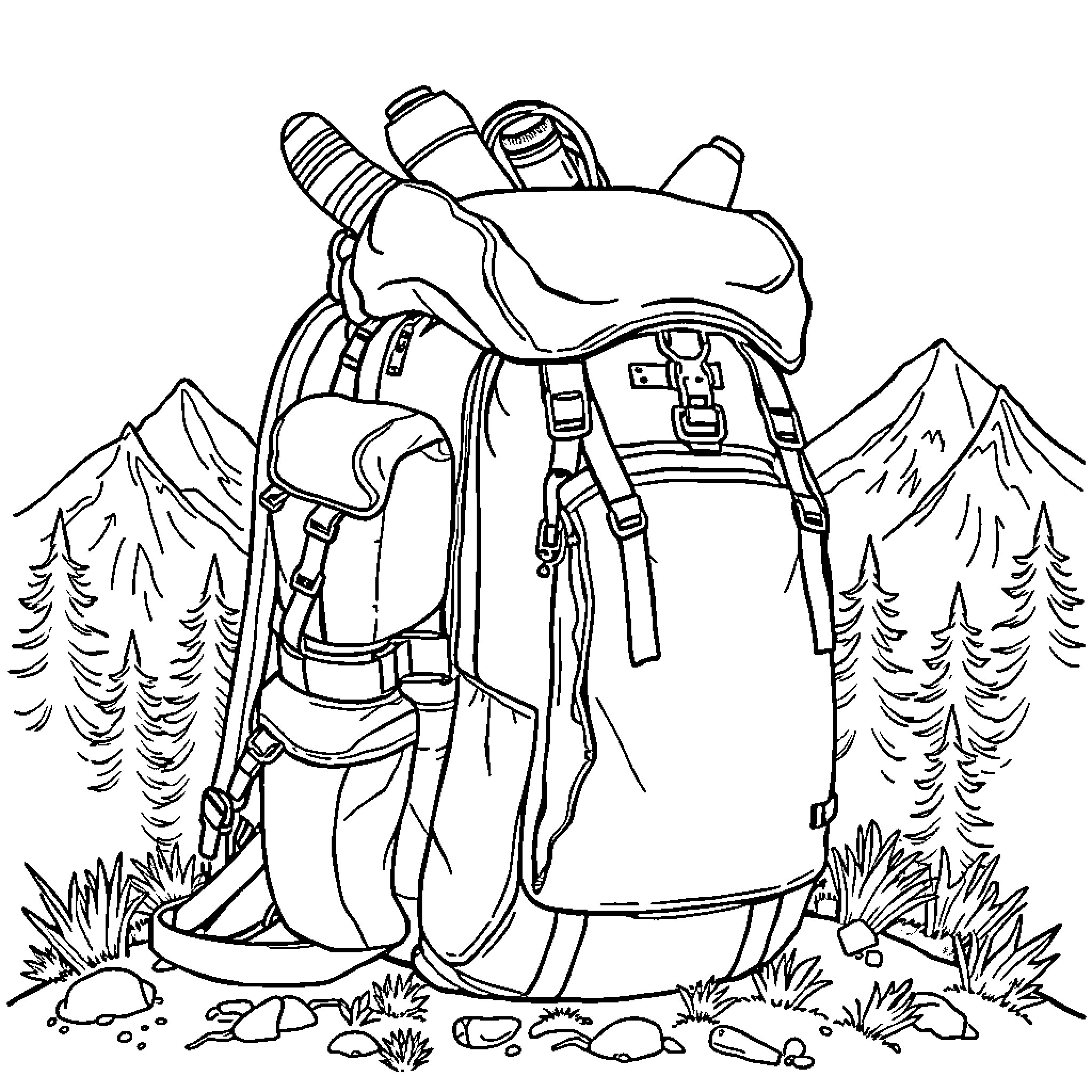 Backpack for Outdoor Adventure in the Mountains Coloring Page (free black-and-white line drawing printable PDF for all, from beginners to advanced learners, including children, teens, adults, and seniors)