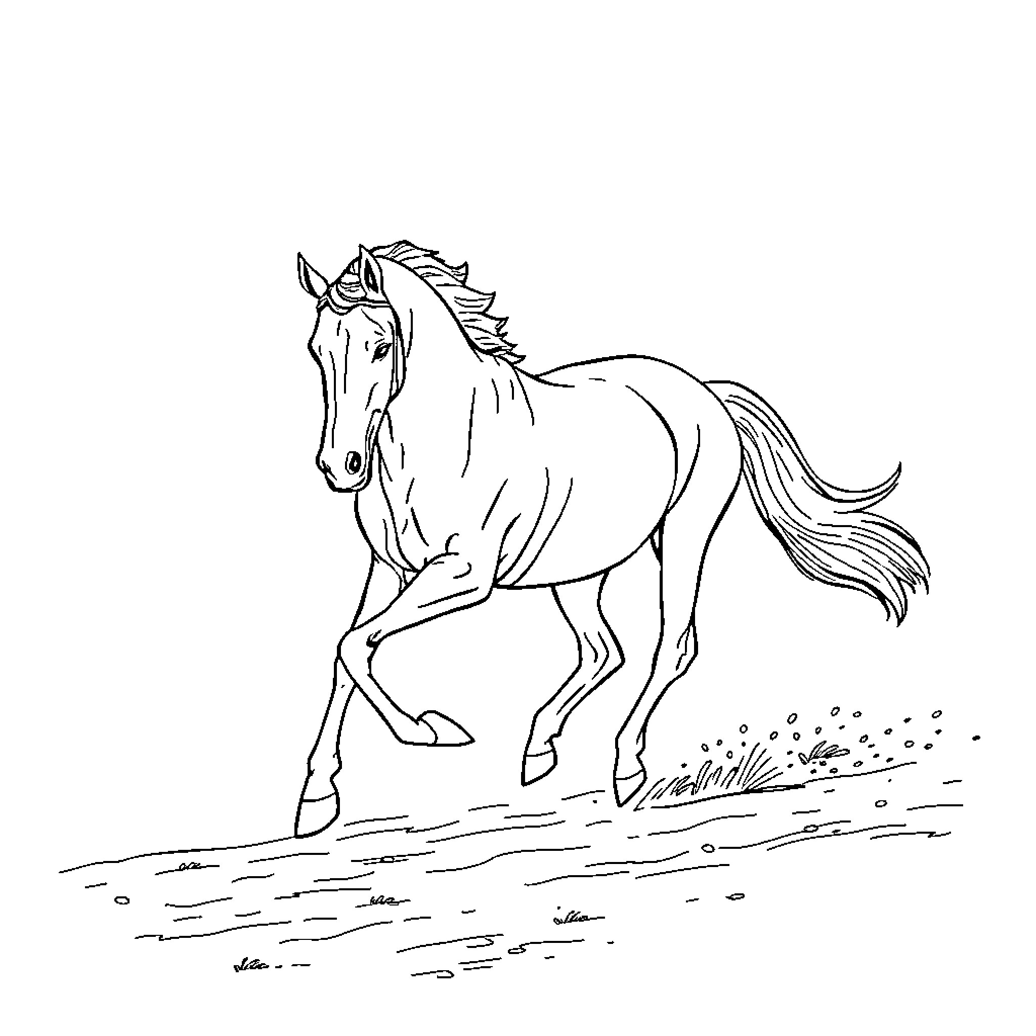 Horse galloping freely in the field Coloring Page (free black-and-white line drawing printable PDF for all, from beginners to advanced learners, including children, teens, adults, and seniors)