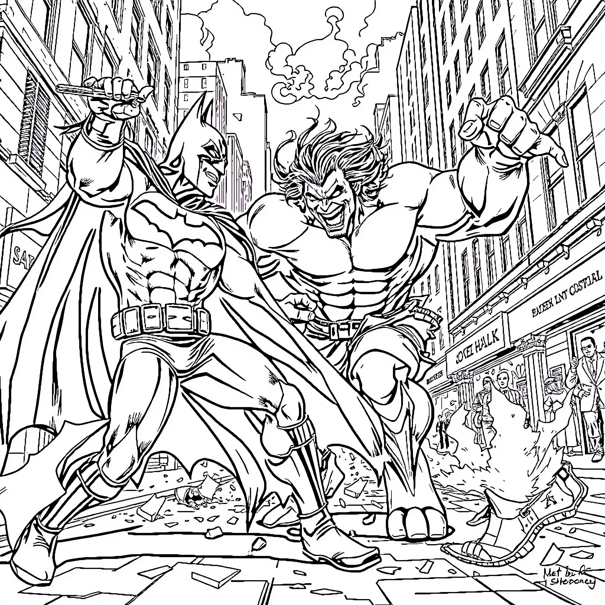 Batman and Hulk Clash in Heroic Battle Coloring Page (free black-and-white line drawing printable PDF for all, from beginners to advanced learners, including children, teens, adults, and seniors)