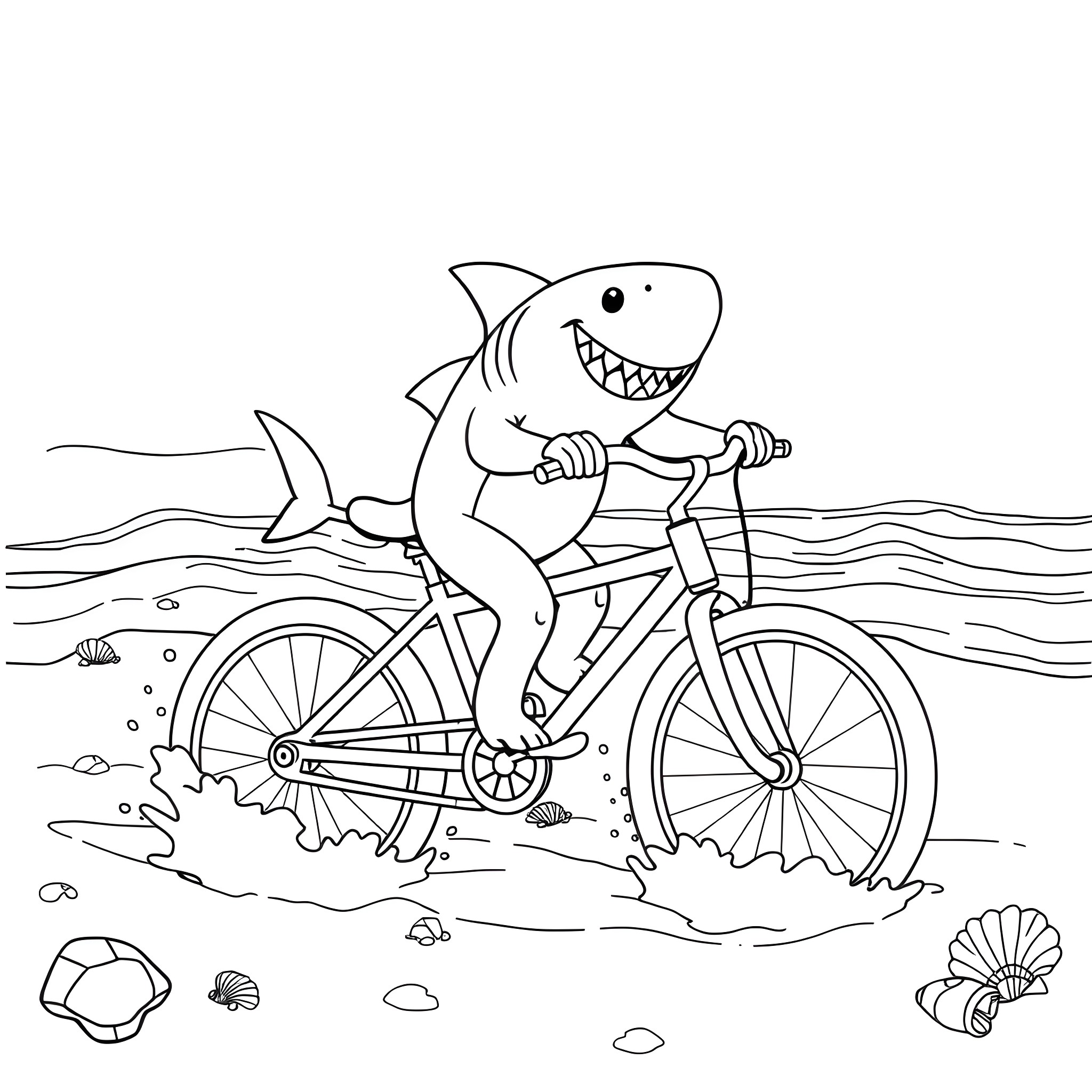 Shark riding a bicycle in the ocean Coloring Page (free black-and-white line drawing printable PDF for all, from beginners to advanced learners, including children, teens, adults, and seniors)