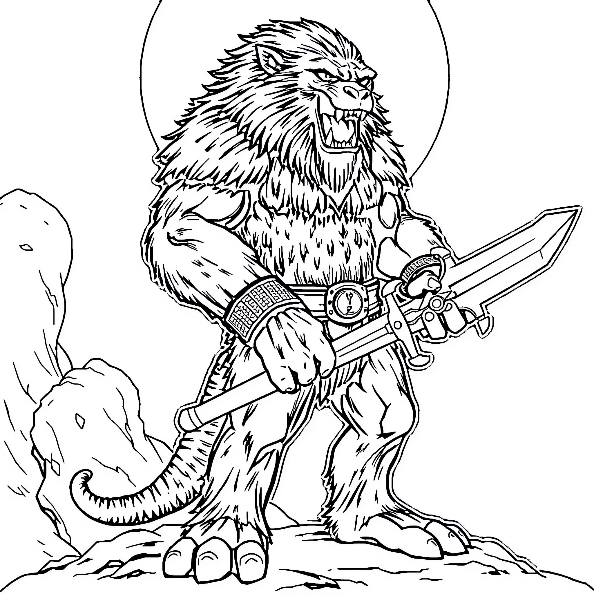 Captain Sabertooth battles ferocious beast with mighty sword Coloring Page (free black-and-white line drawing printable PDF for all, from beginners to advanced learners, including children, teens, adults, and seniors)