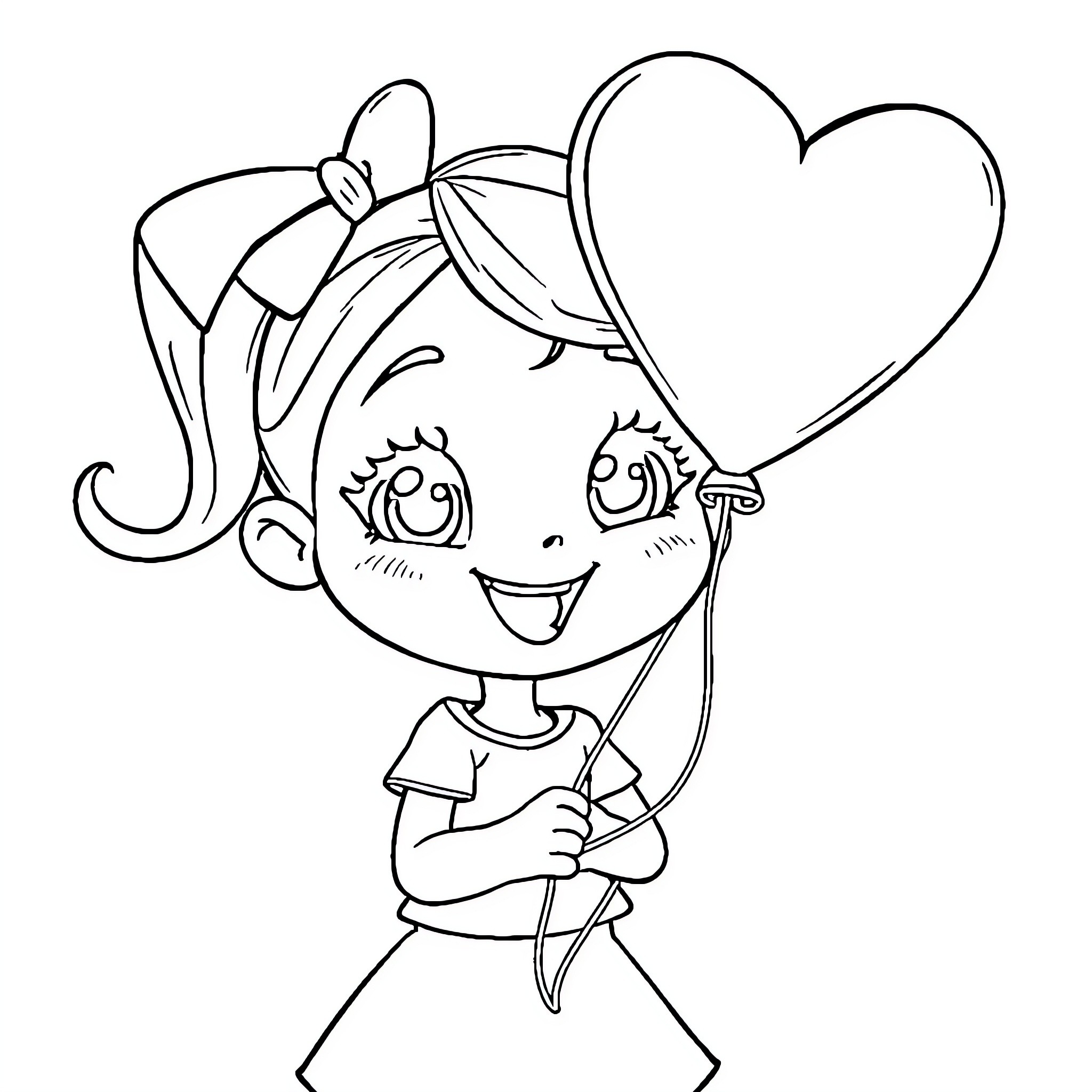 Chloe happily holding heart-shaped balloons Coloring Page (free black-and-white line drawing printable PDF for all, from beginners to advanced learners, including children, teens, adults, and seniors)
