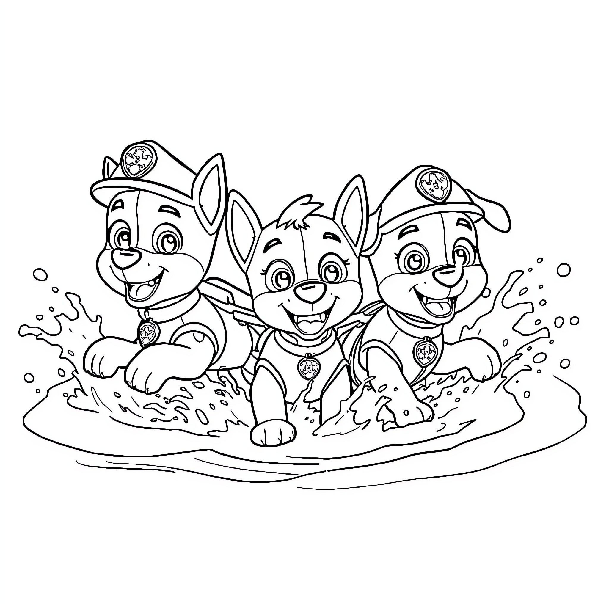Paw Patrol pups playing in the mud Coloring Page (free black-and-white line drawing printable PDF for all, from beginners to advanced learners, including children, teens, adults, and seniors)