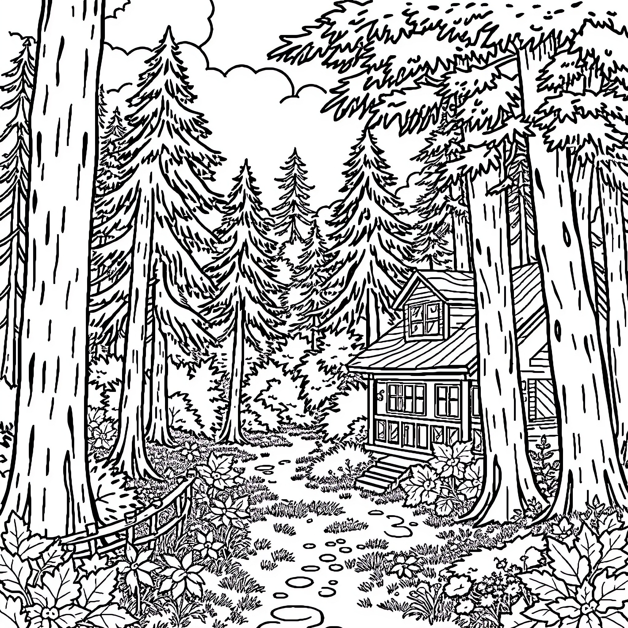 Forest cabin in the woods Coloring Page (free black-and-white line drawing printable PDF for all, from beginners to advanced learners, including children, teens, adults, and seniors)