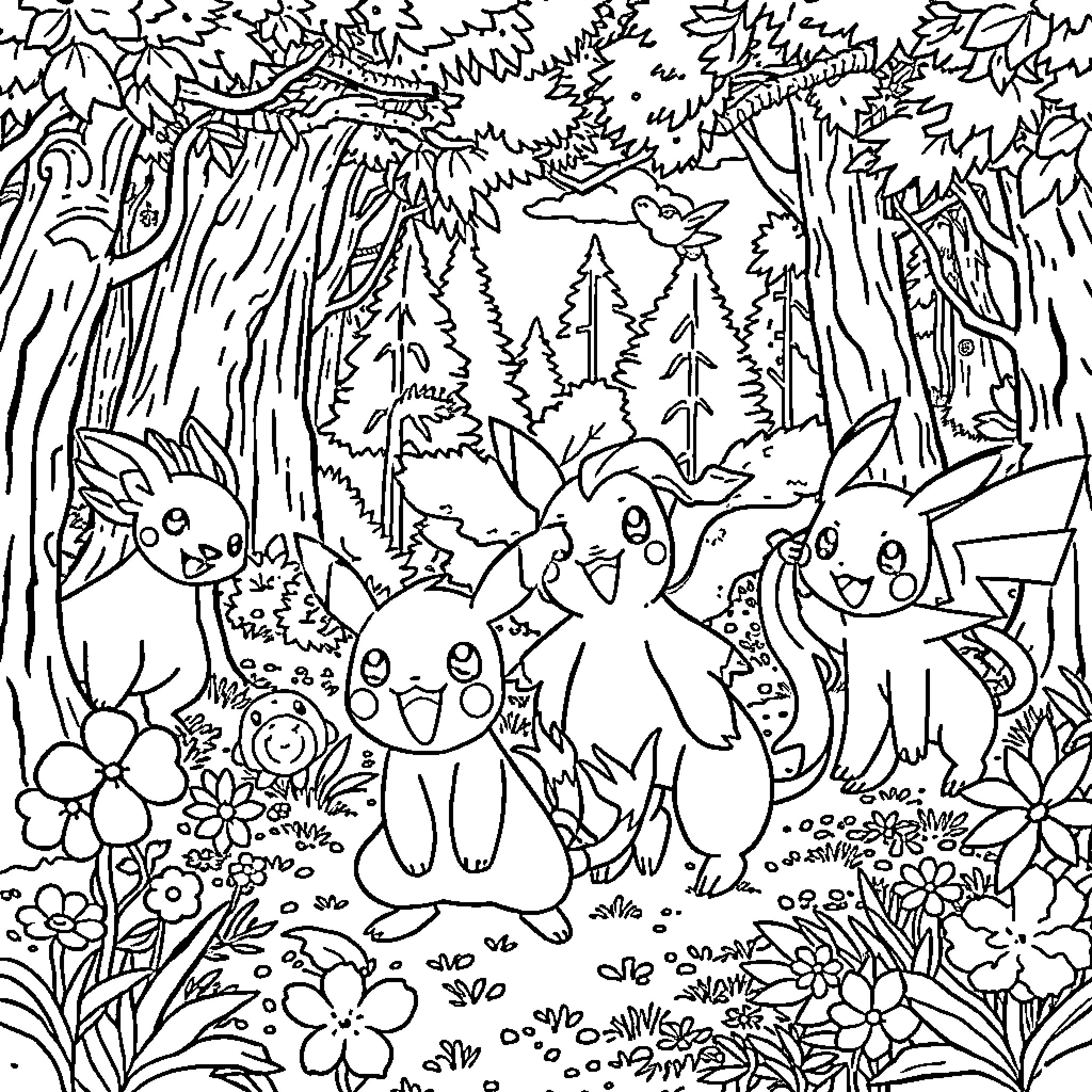 Pokémon playing in the enchanted forest Coloring Page (free black-and-white line drawing printable PDF for all, from beginners to advanced learners, including children, teens, adults, and seniors)