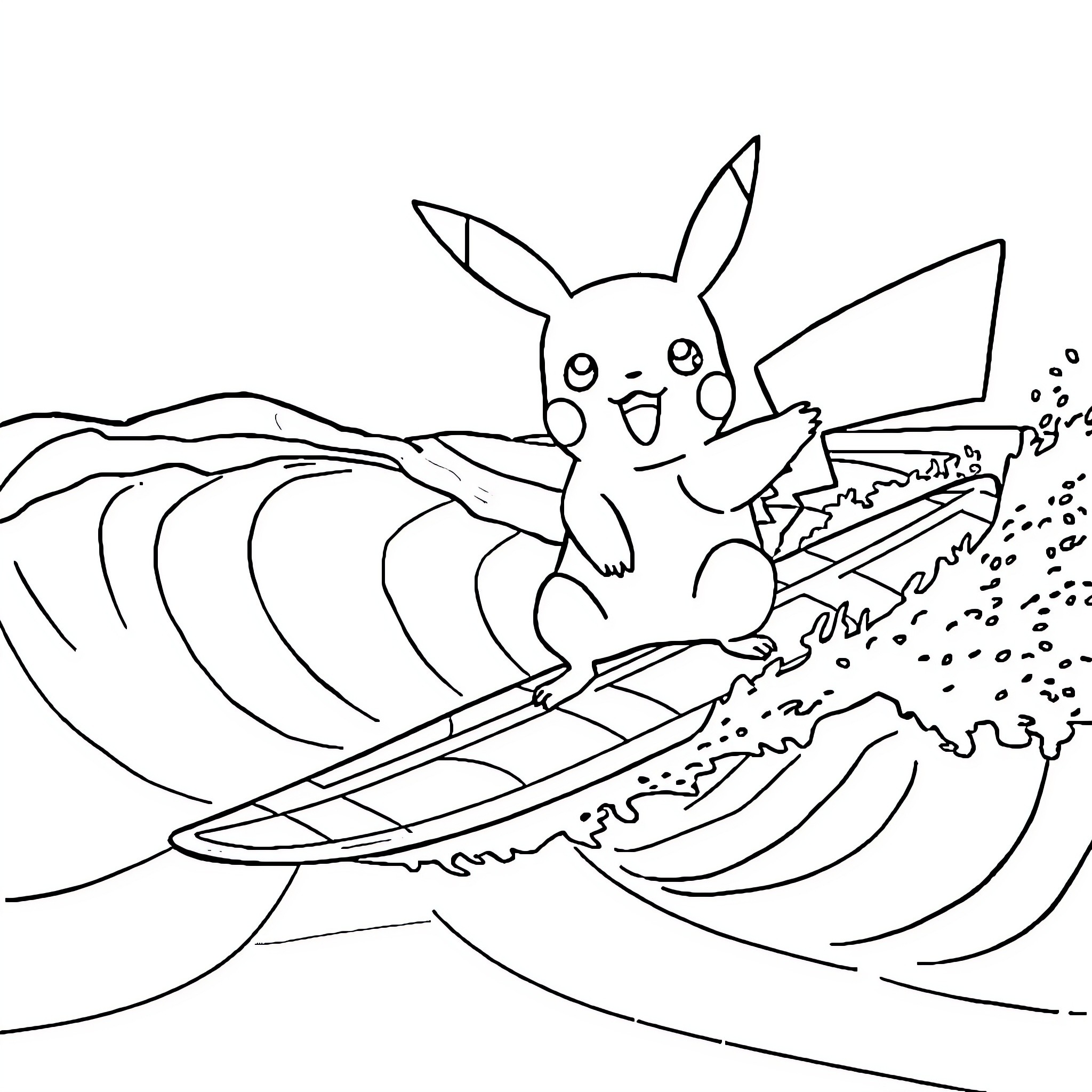 Pikachu surfing on the waves Coloring Page (free black-and-white line drawing printable PDF for all, from beginners to advanced learners, including children, teens, adults, and seniors)
