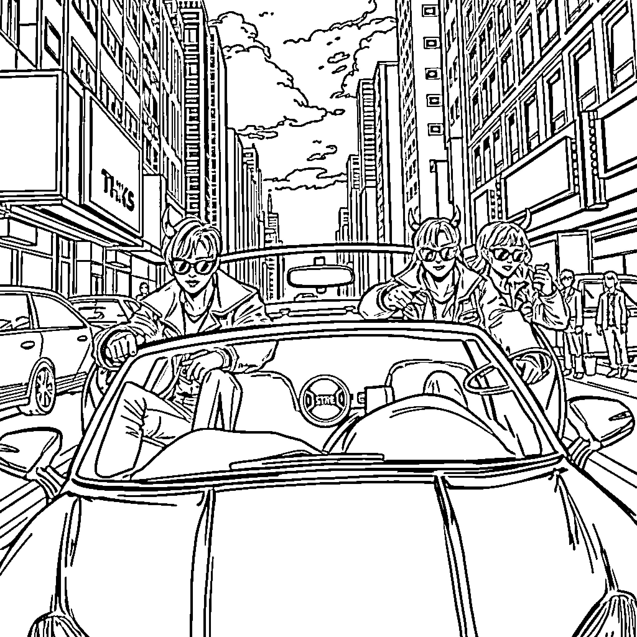 Demon Hunter navigates busy city streets Coloring Page (free black-and-white line drawing printable PDF for all, from beginners to advanced learners, including children, teens, adults, and seniors)