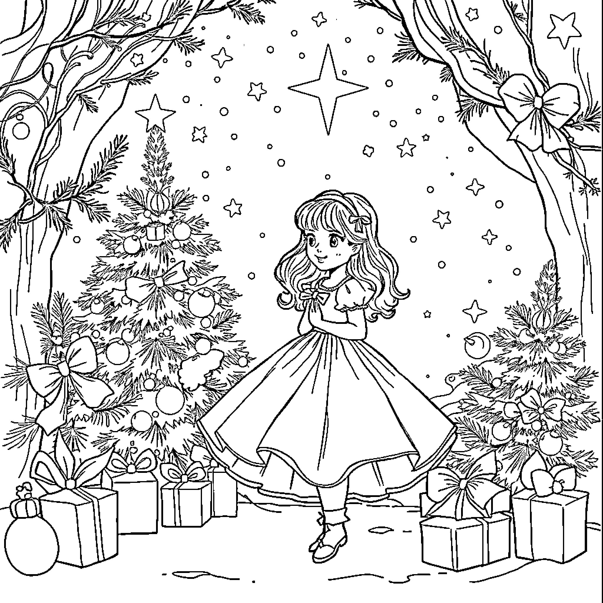 Noel's Magical Christmas Wonderland Coloring Page (free black-and-white line drawing printable PDF for all, from beginners to advanced learners, including children, teens, adults, and seniors)