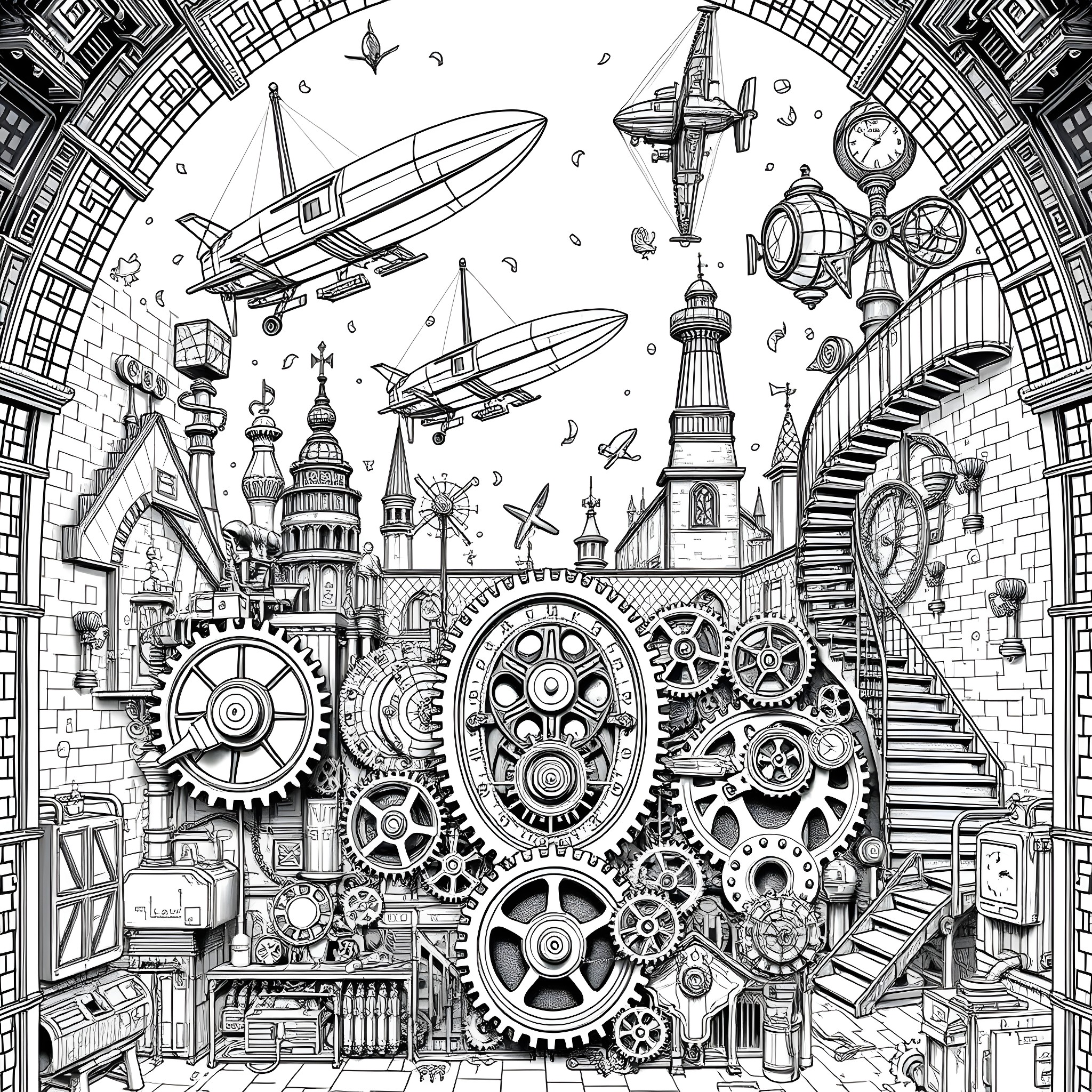 Steampunk Mechanical City of Imagination Coloring Page (free black-and-white line drawing printable PDF for all, from beginners to advanced learners, including children, teens, adults, and seniors)