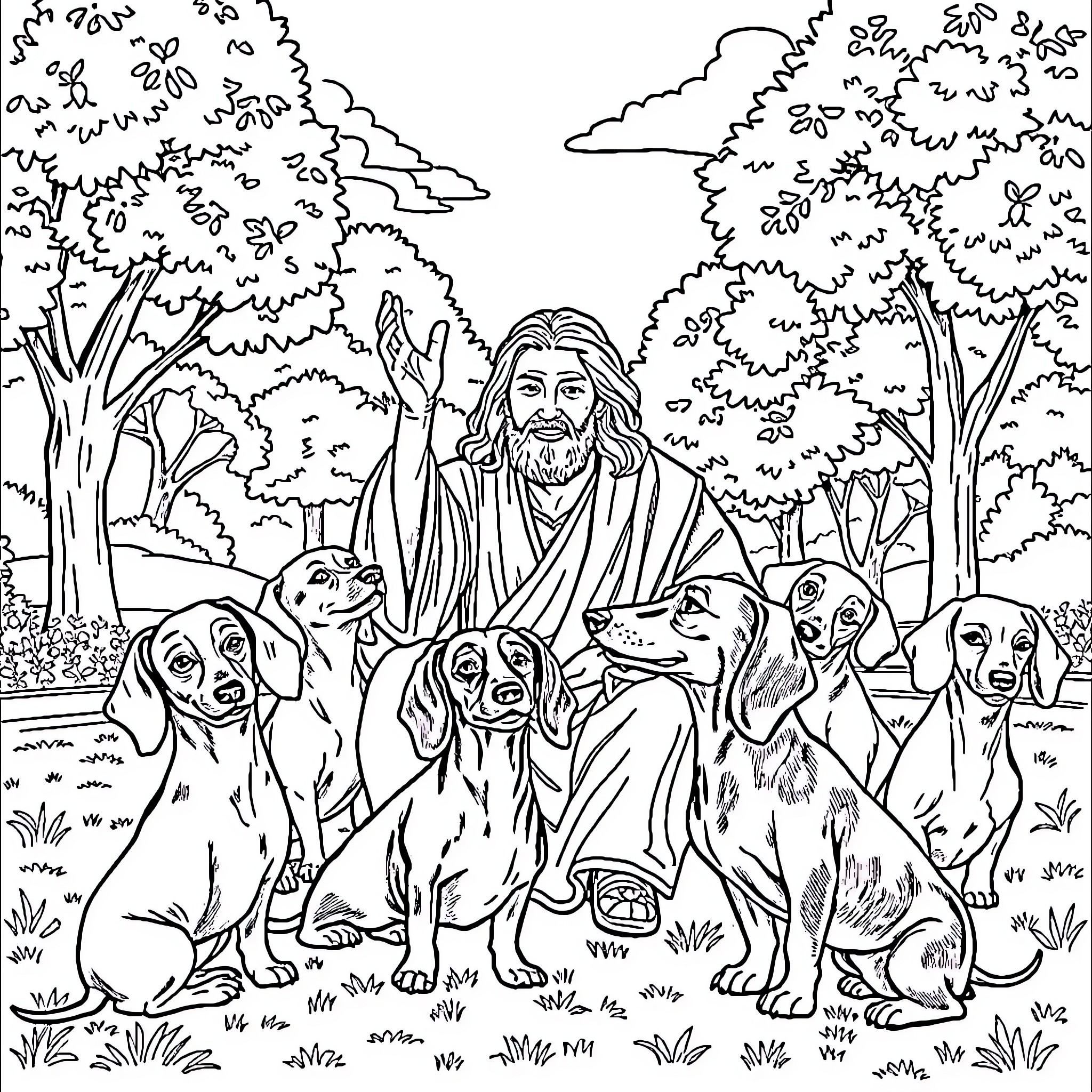 Jesus surrounded by joyful animals in the garden Coloring Page (free black-and-white line drawing printable PDF for all, from beginners to advanced learners, including children, teens, adults, and seniors)