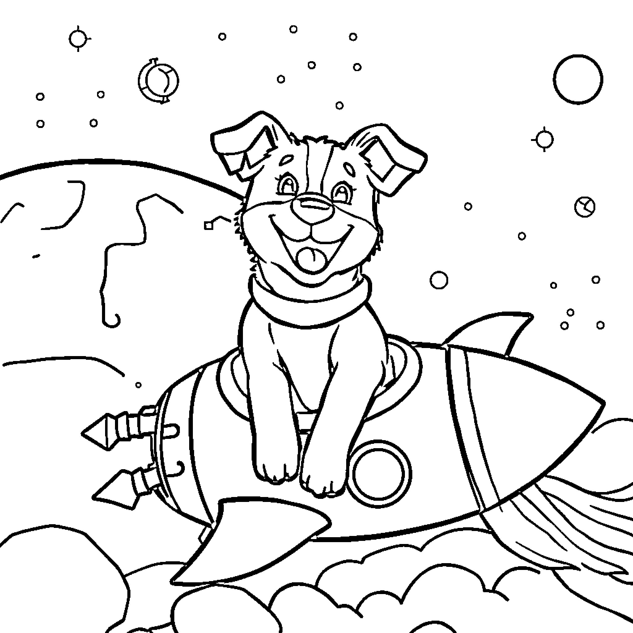 Dog riding a rocket through space Coloring Page (free black-and-white line drawing printable PDF for all, from beginners to advanced learners, including children, teens, adults, and seniors)