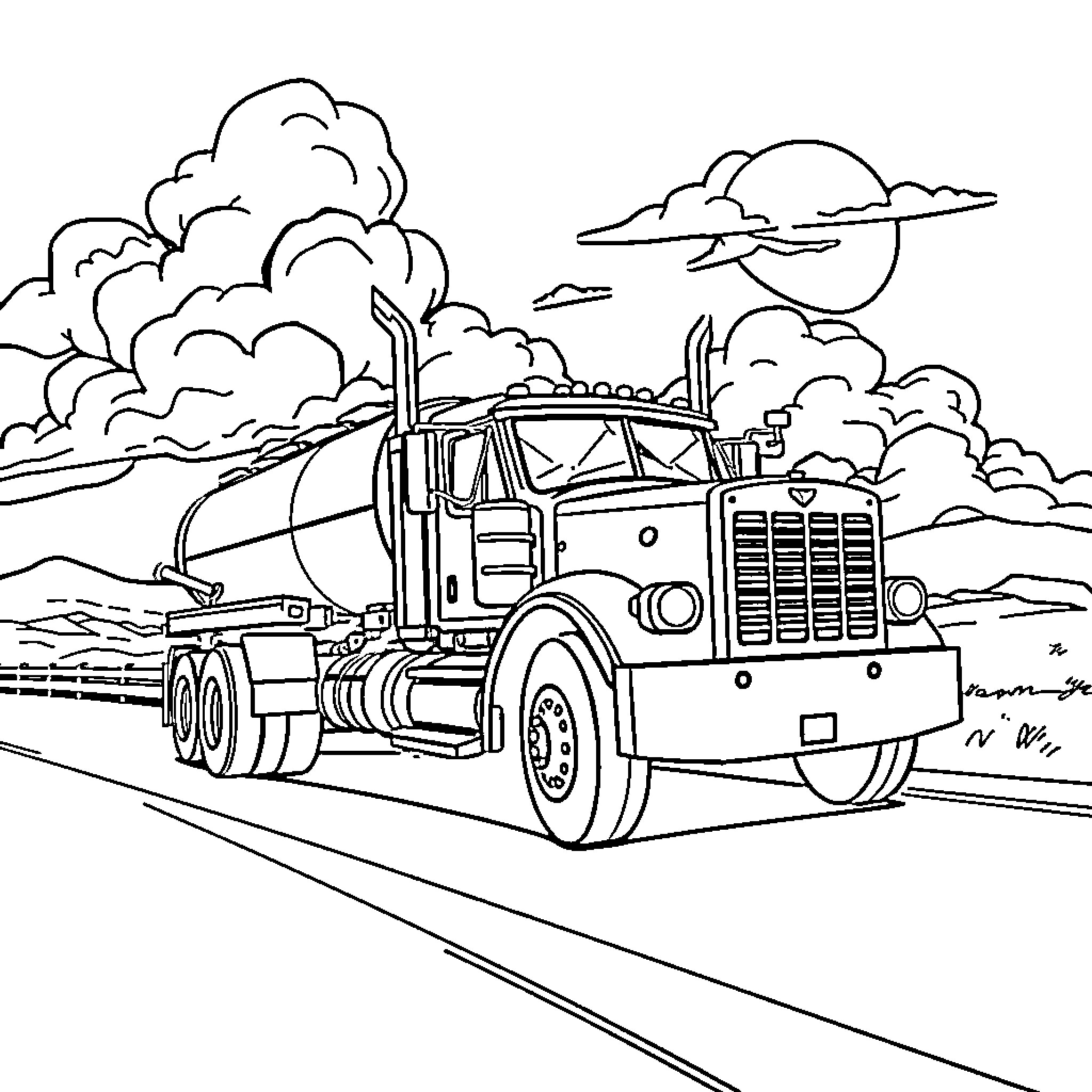 Truck hauling cargo on a countryside road Coloring Page (free black-and-white line drawing printable PDF for all, from beginners to advanced learners, including children, teens, adults, and seniors)