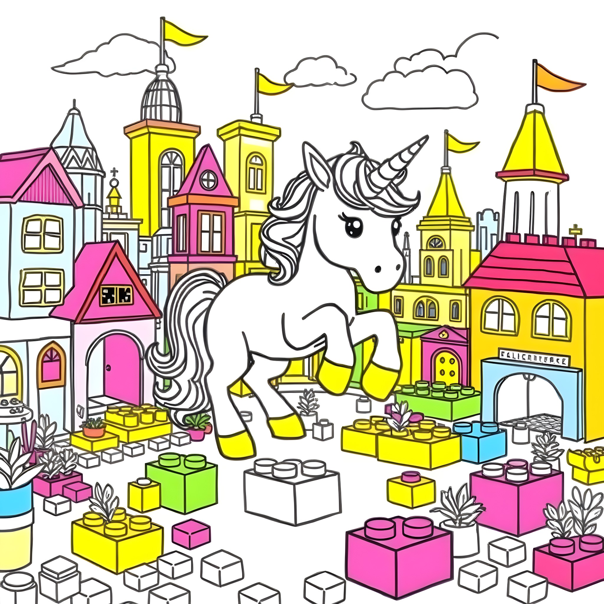 Unicorn exploring a colorful fantasy city Coloring Page (free black-and-white line drawing printable PDF for all, from beginners to advanced learners, including children, teens, adults, and seniors)