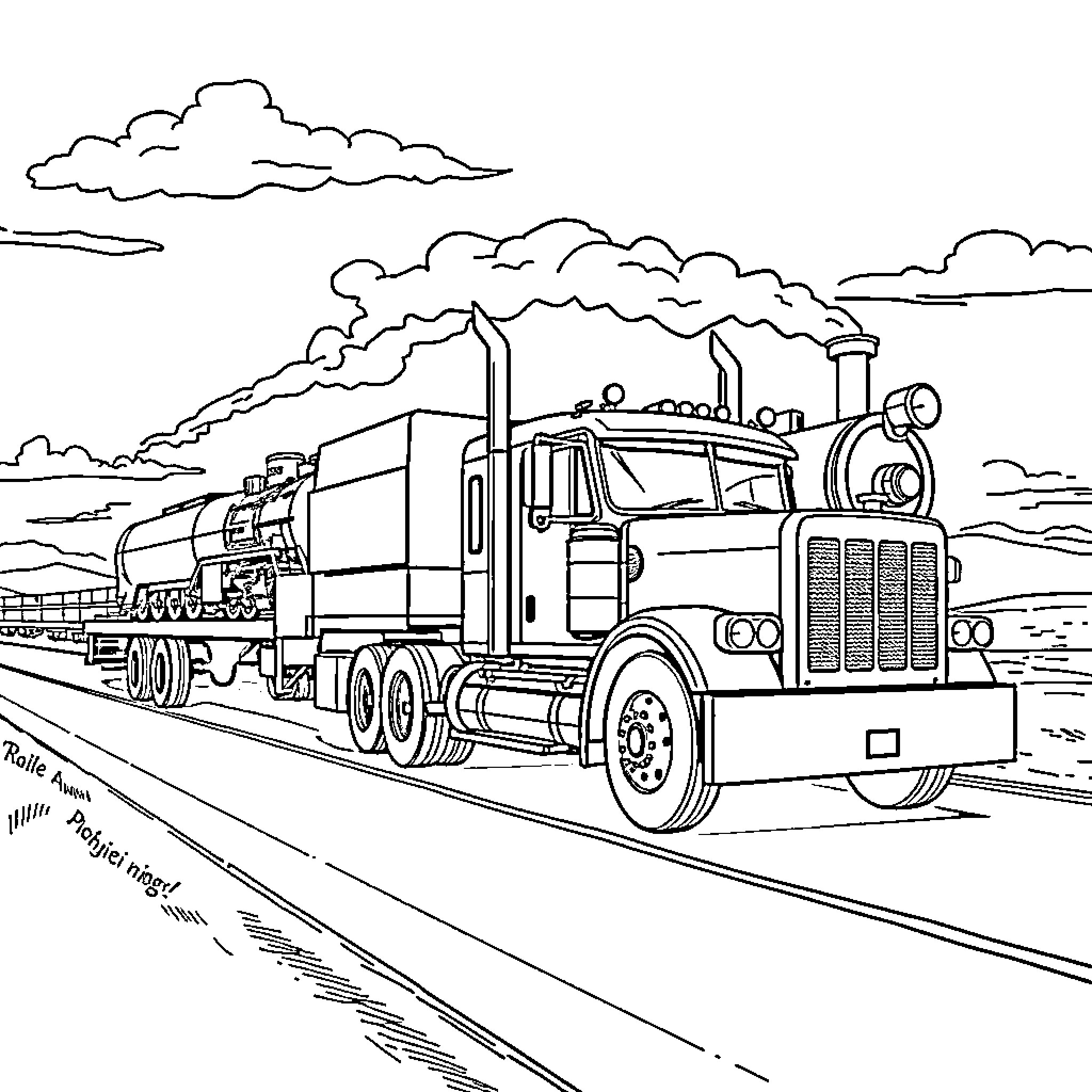 Truck hauling cargo along the railroad tracks Coloring Page (free black-and-white line drawing printable PDF for all, from beginners to advanced learners, including children, teens, adults, and seniors)