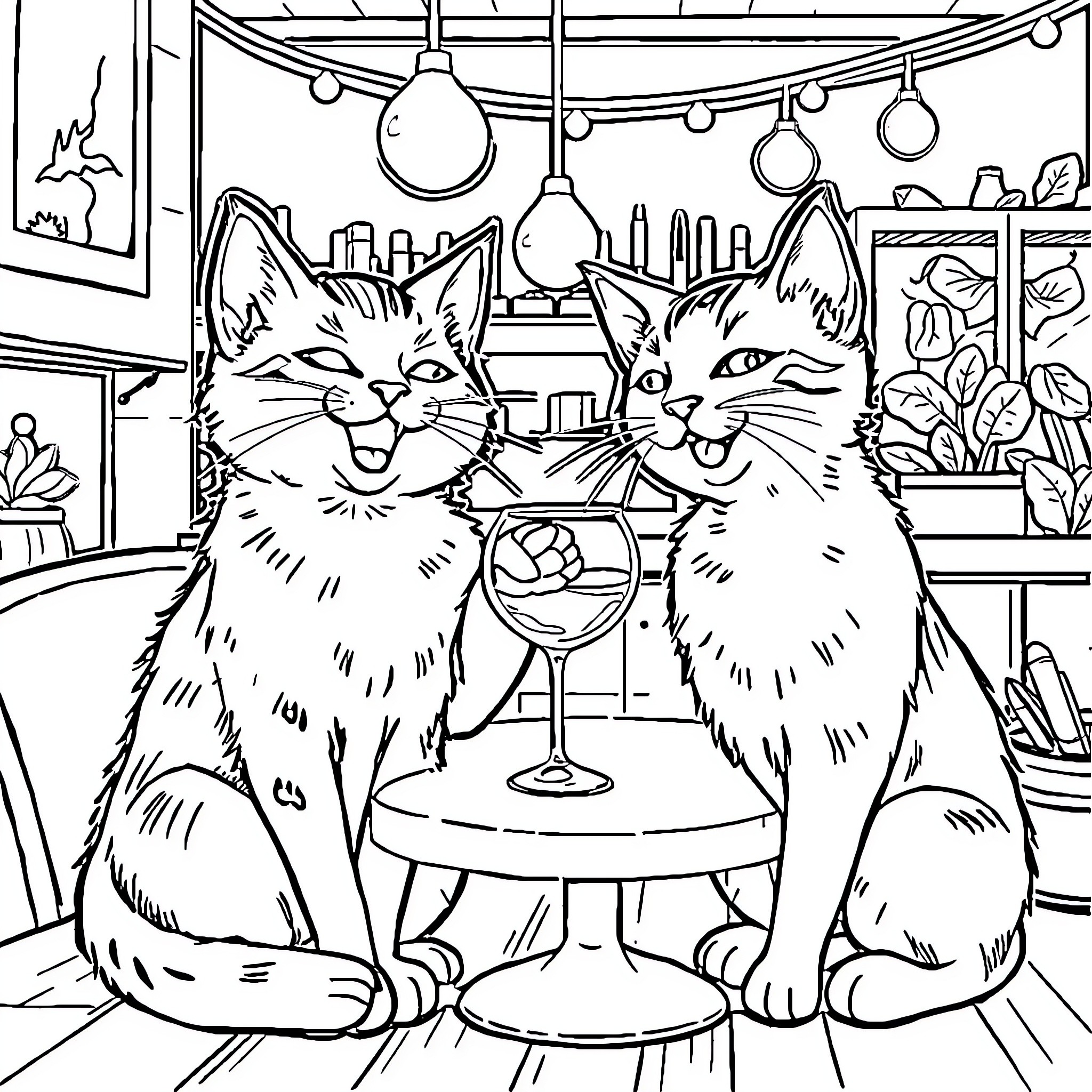 Cats enjoying wine in cozy cafe Coloring Page (free black-and-white line drawing printable PDF for all, from beginners to advanced learners, including children, teens, adults, and seniors)