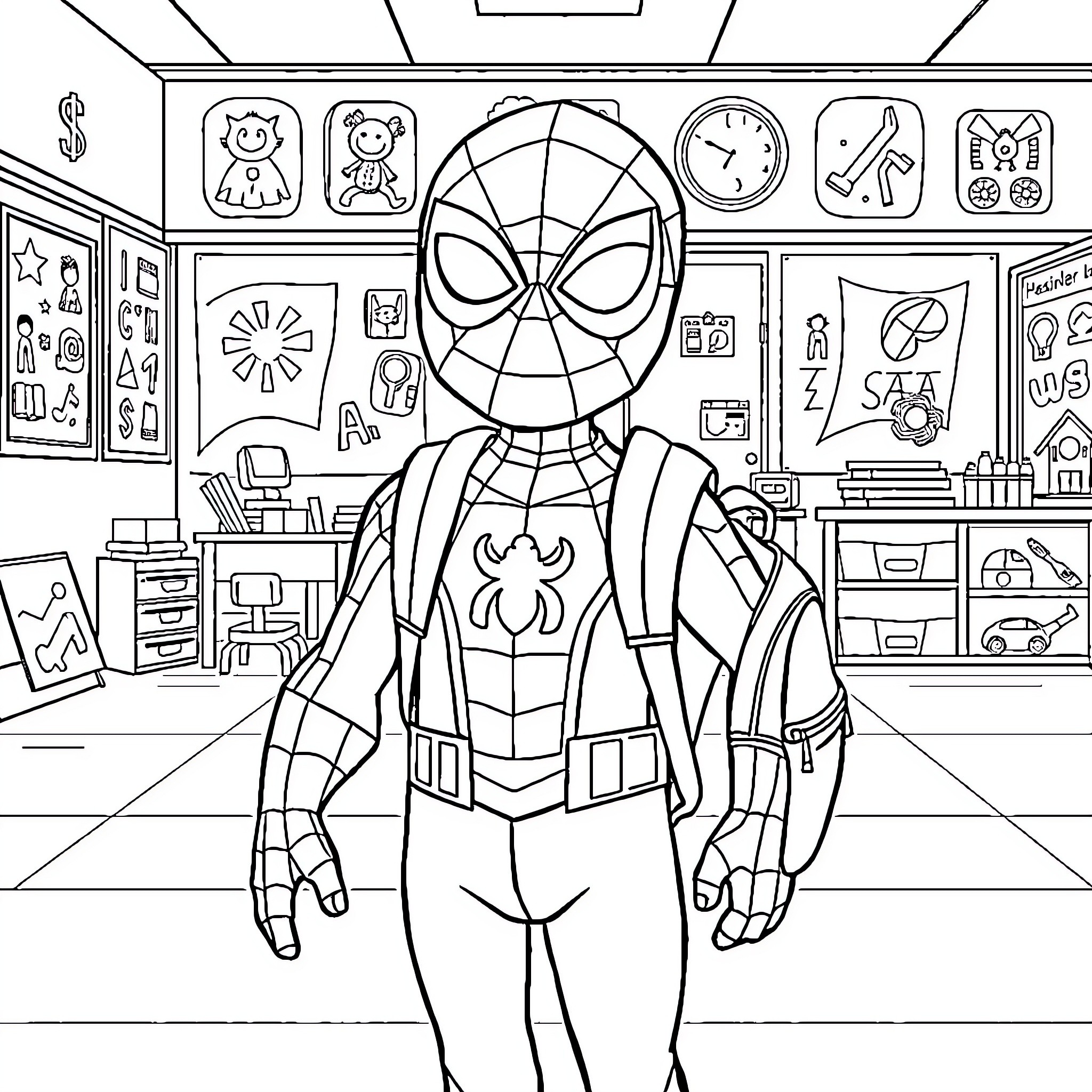 Spiderman in action-packed adventure scene Coloring Page (free black-and-white line drawing printable PDF for all, from beginners to advanced learners, including children, teens, adults, and seniors)