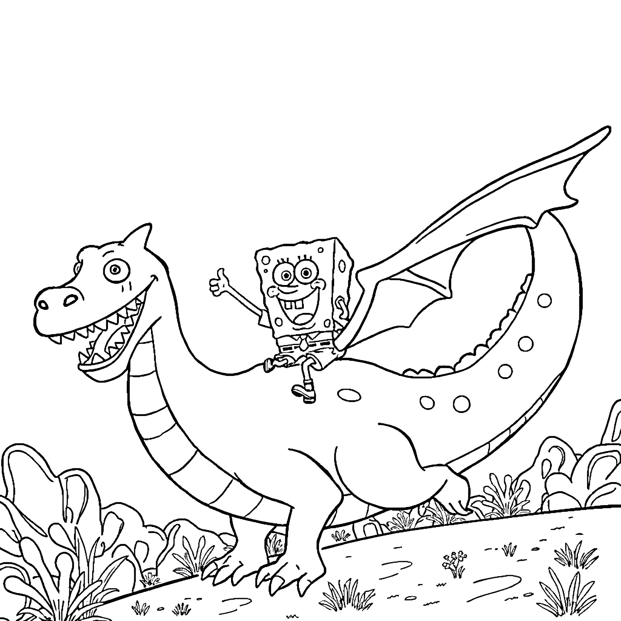 Spongebob playing with a friendly dragon Coloring Page (free black-and-white line drawing printable PDF for all, from beginners to advanced learners, including children, teens, adults, and seniors)