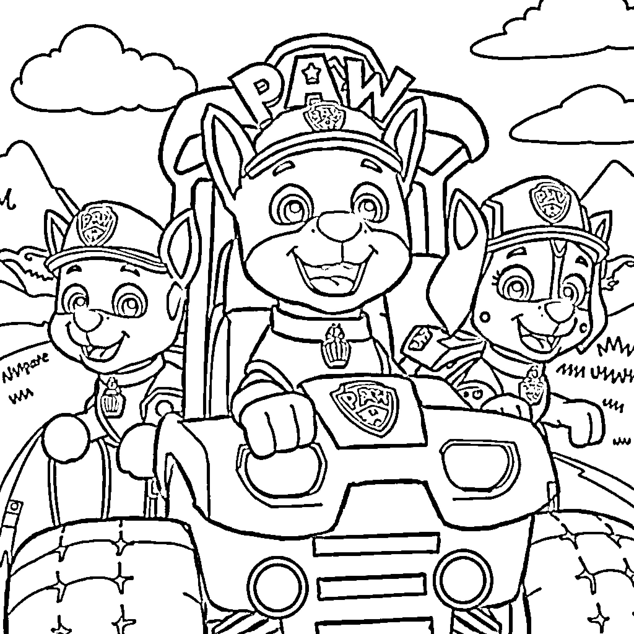 Paw Patrol Characters on a Rescue Mission Coloring Page (free black-and-white line drawing printable PDF for all, from beginners to advanced learners, including children, teens, adults, and seniors)