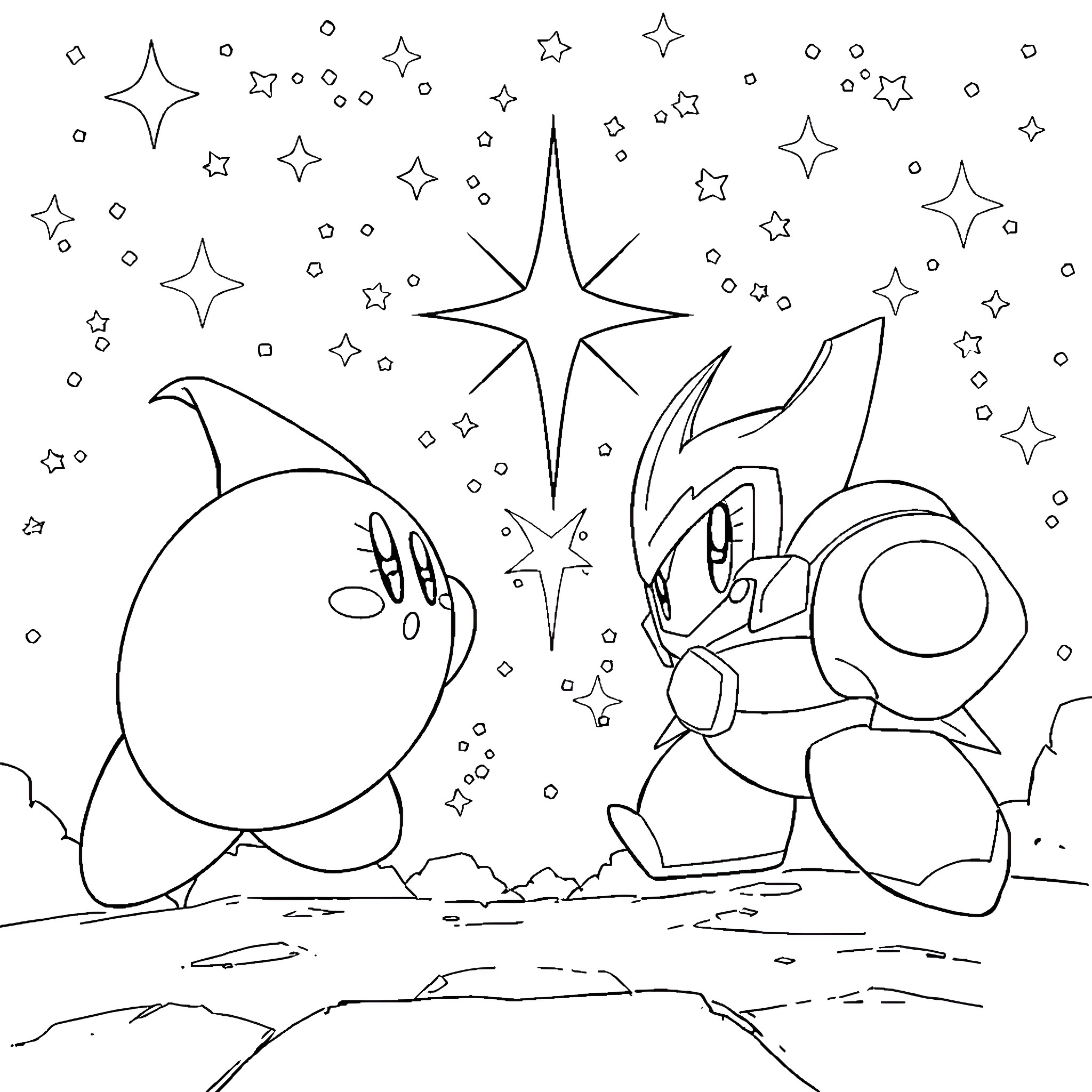 Kirby playing with stars in the night sky Coloring Page (free black-and-white line drawing printable PDF for all, from beginners to advanced learners, including children, teens, adults, and seniors)