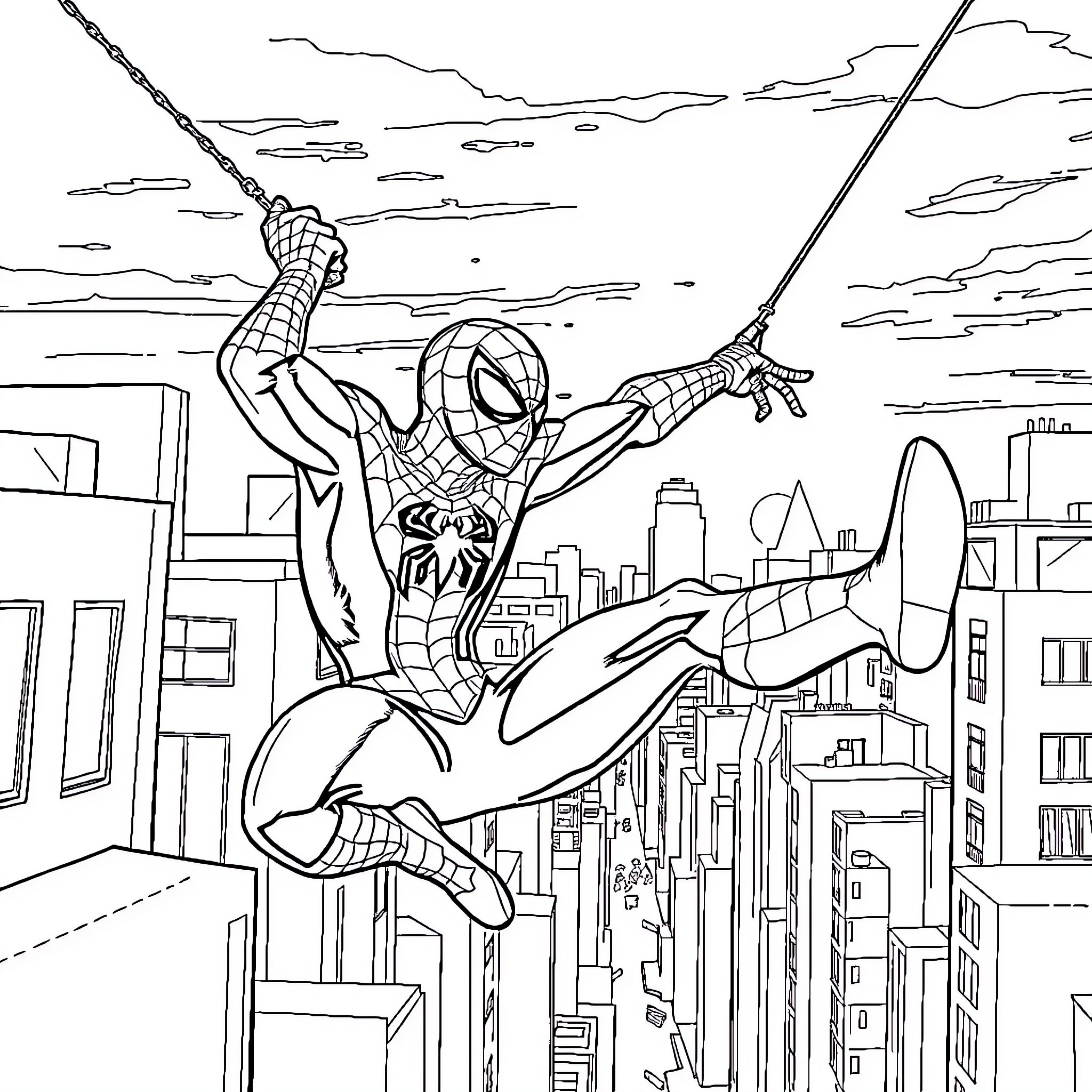 Spiderman swinging through the city skyline Coloring Page (free black-and-white line drawing printable PDF for all, from beginners to advanced learners, including children, teens, adults, and seniors)