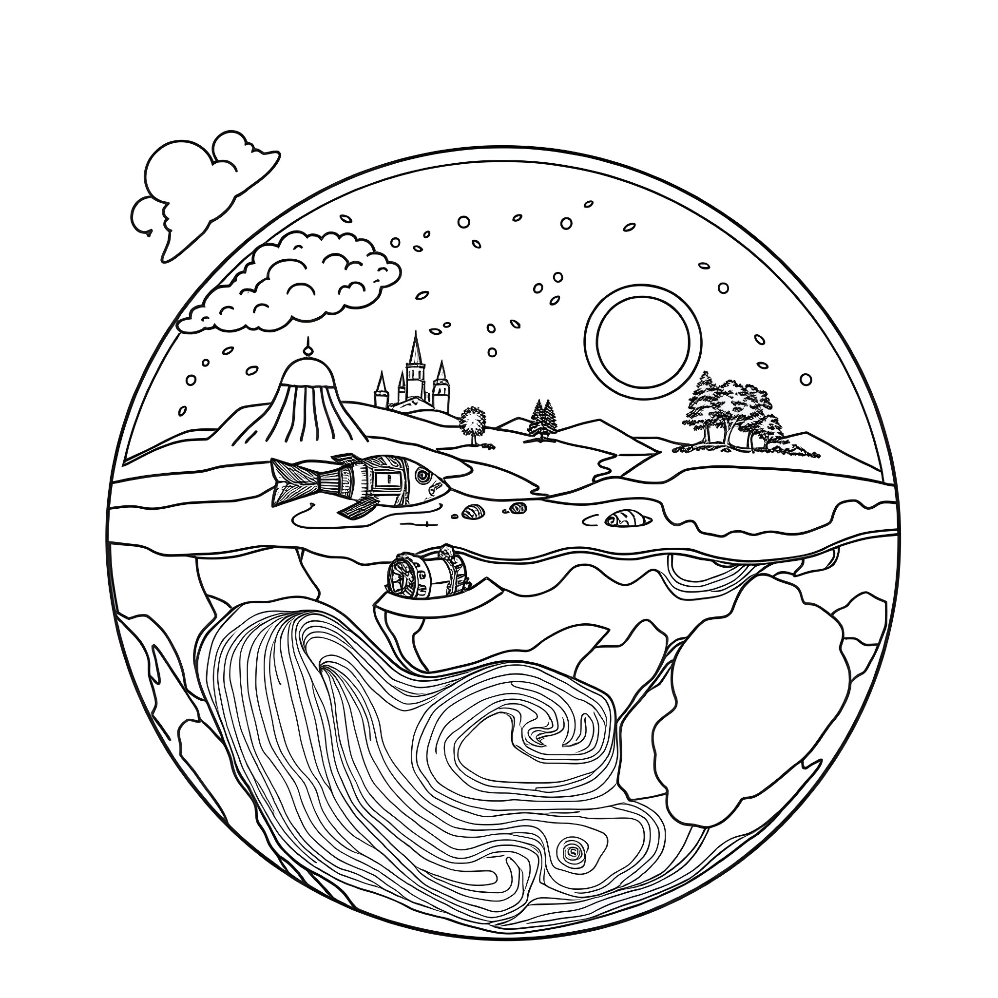 Sphere depicting a mystical landscape Coloring Page (free black-and-white line drawing printable PDF for all, from beginners to advanced learners, including children, teens, adults, and seniors)
