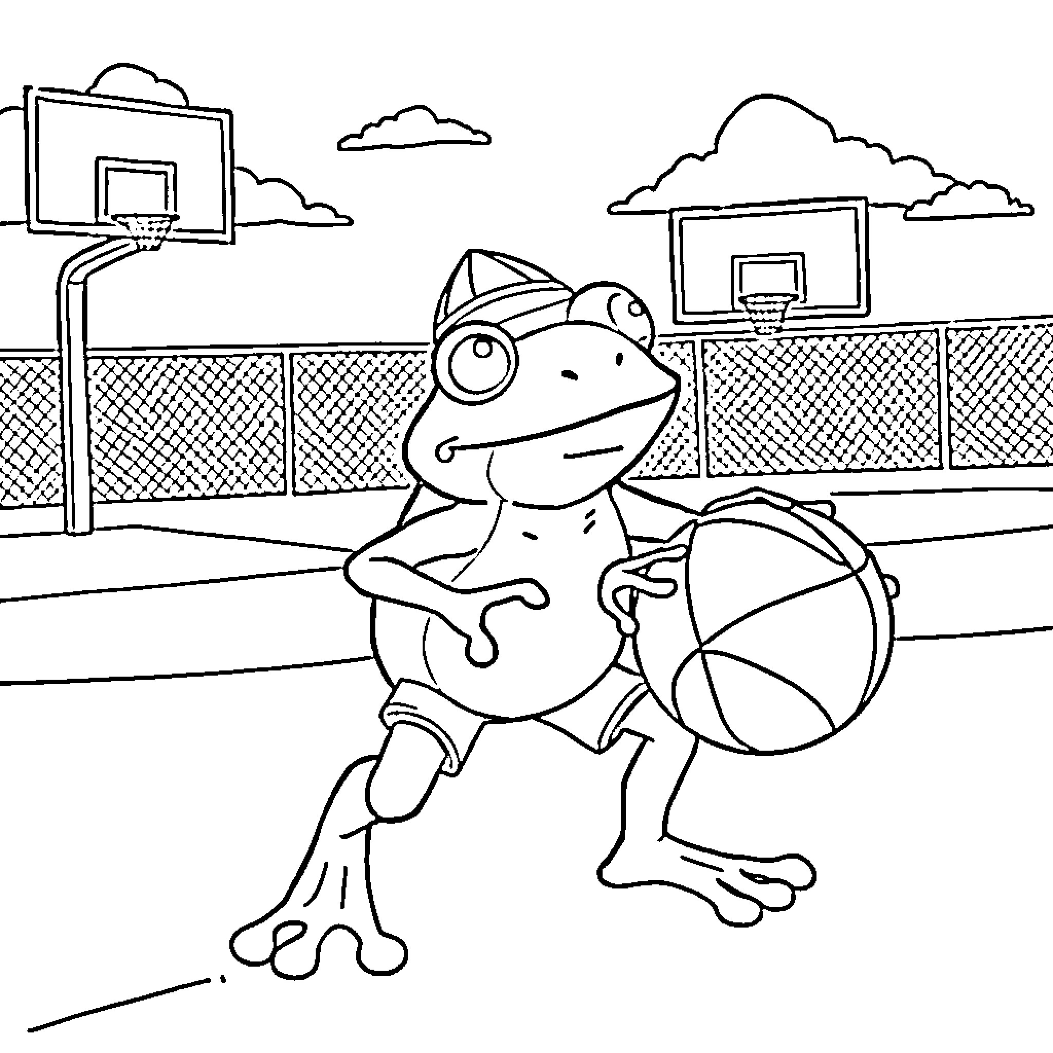 Frog playing basketball on outdoor court Coloring Page (free black-and-white line drawing printable PDF for all, from beginners to advanced learners, including children, teens, adults, and seniors)