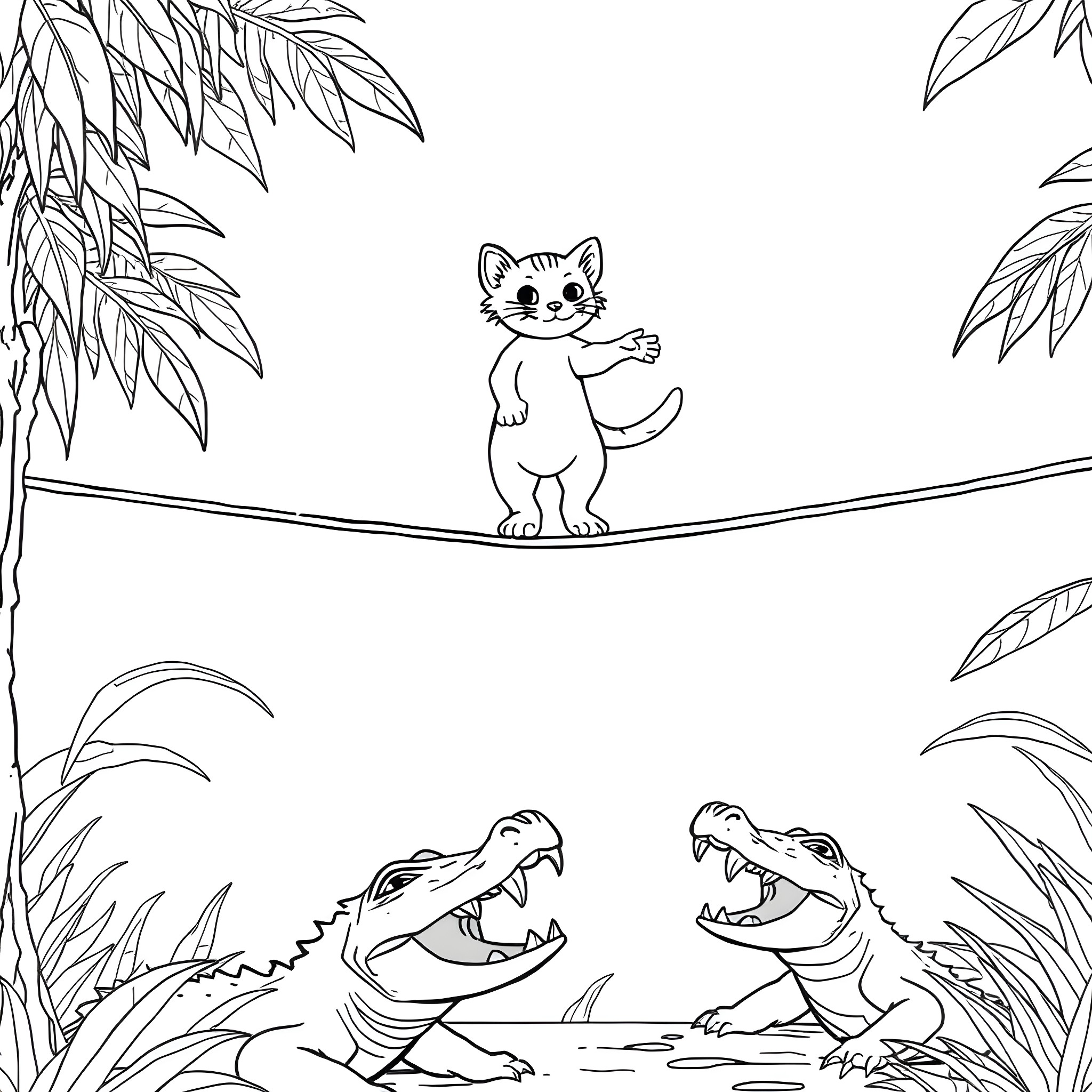 Kitten balances on a rope in the jungle Coloring Page (free black-and-white line drawing printable PDF for all, from beginners to advanced learners, including children, teens, adults, and seniors)