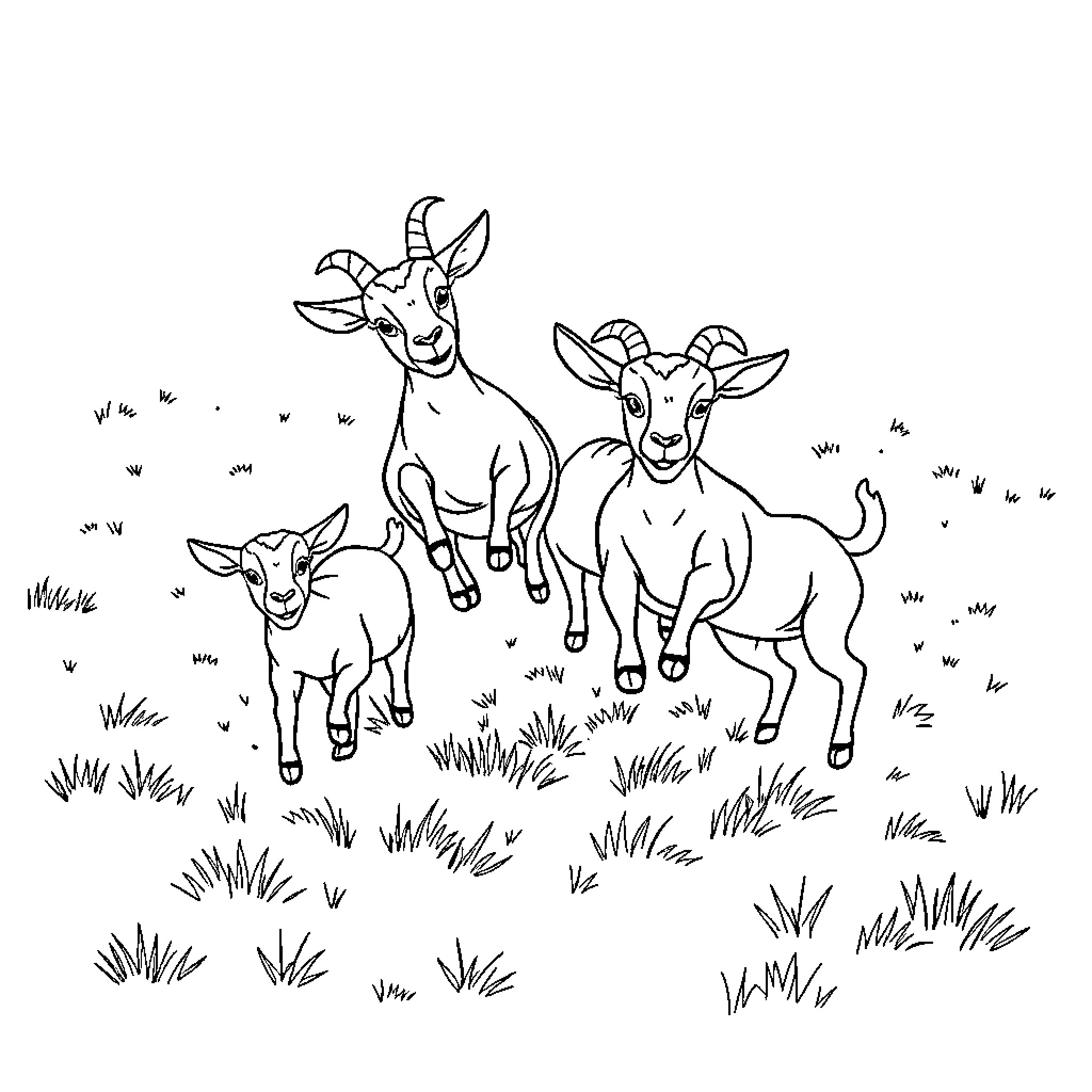 Goats frolicking happily in a grassy field Coloring Page (free black-and-white line drawing printable PDF for all, from beginners to advanced learners, including children, teens, adults, and seniors)
