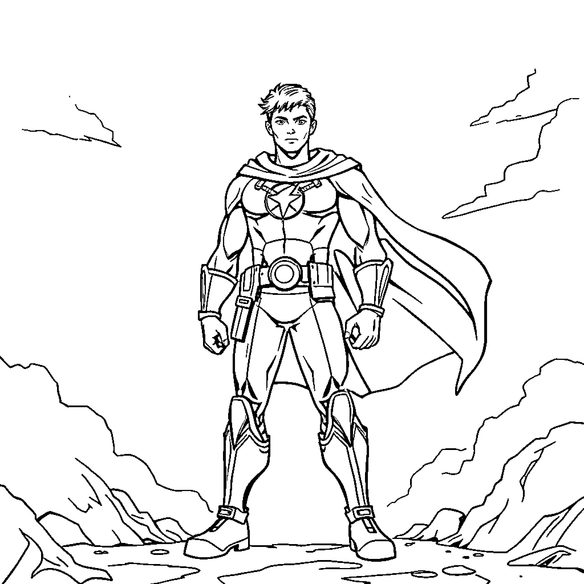 Hero in Heroic Pose Amid Storm and Clouds Coloring Page (free black-and-white line drawing printable PDF for all, from beginners to advanced learners, including children, teens, adults, and seniors)