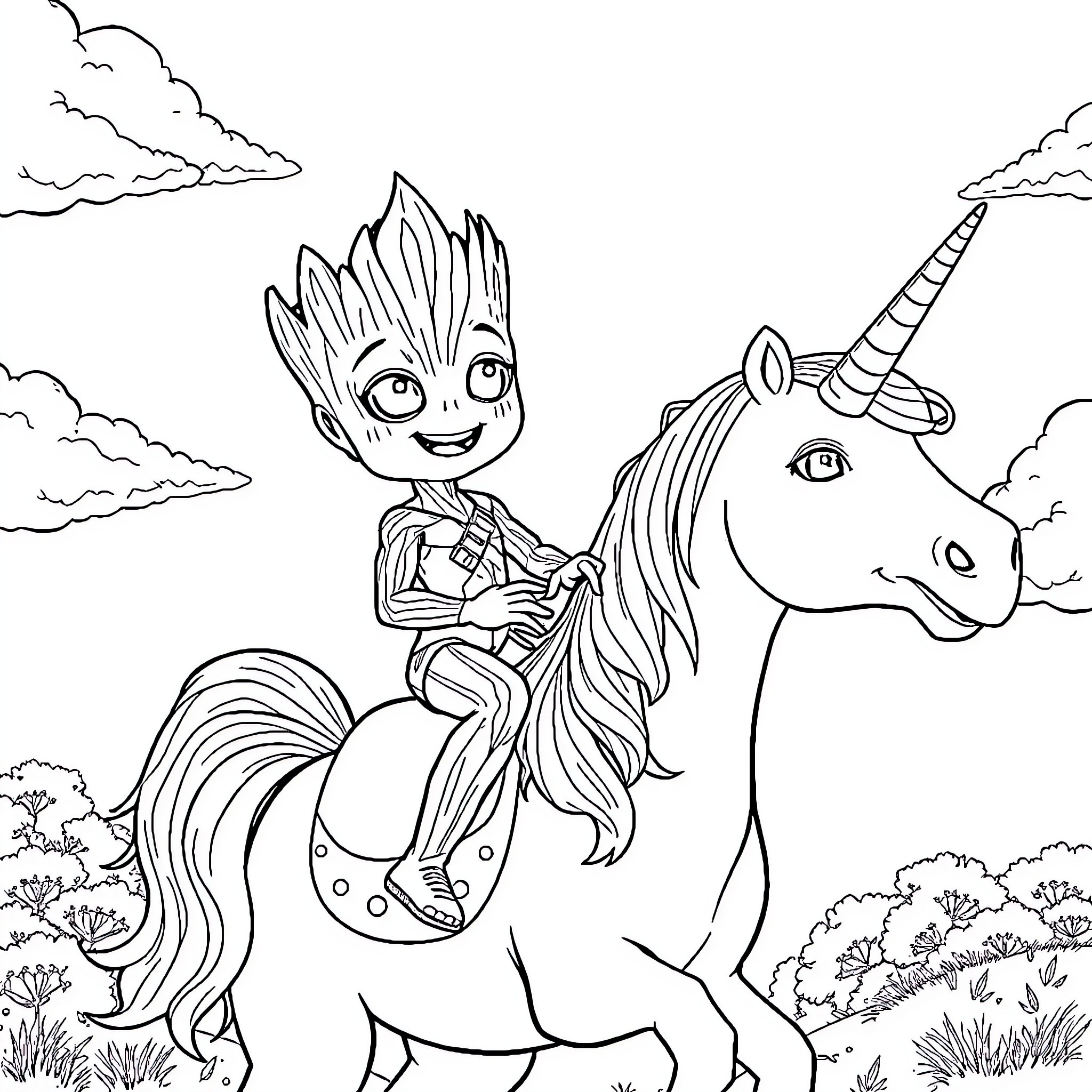 Baby Groot riding a unicorn in a fantasy landscape Coloring Page (free black-and-white line drawing printable PDF for all, from beginners to advanced learners, including children, teens, adults, and seniors)