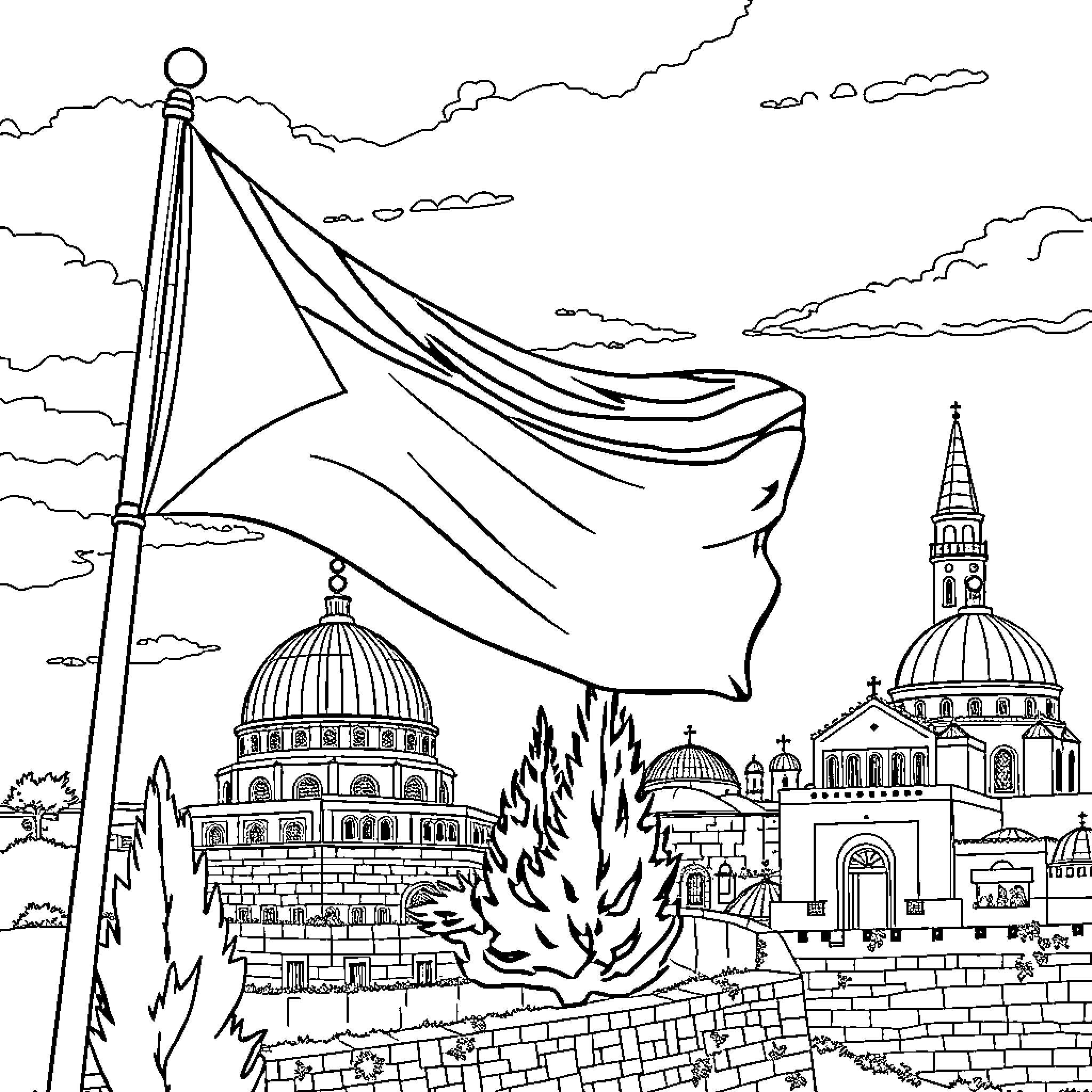 Flag waving above a historic city skyline Coloring Page (free black-and-white line drawing printable PDF for all, from beginners to advanced learners, including children, teens, adults, and seniors)