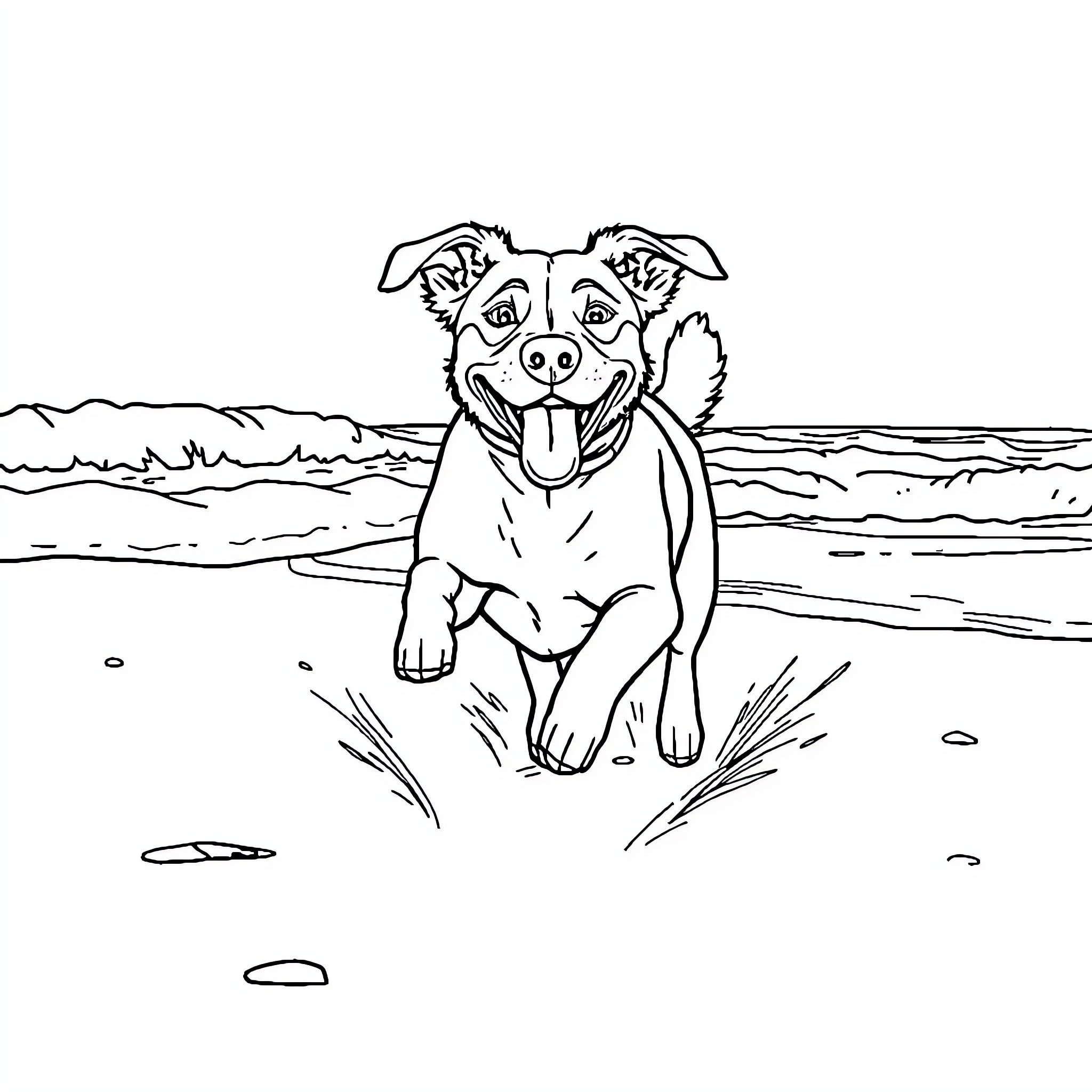 Dog happily playing on the beach Coloring Page (free black-and-white line drawing printable PDF for all, from beginners to advanced learners, including children, teens, adults, and seniors)