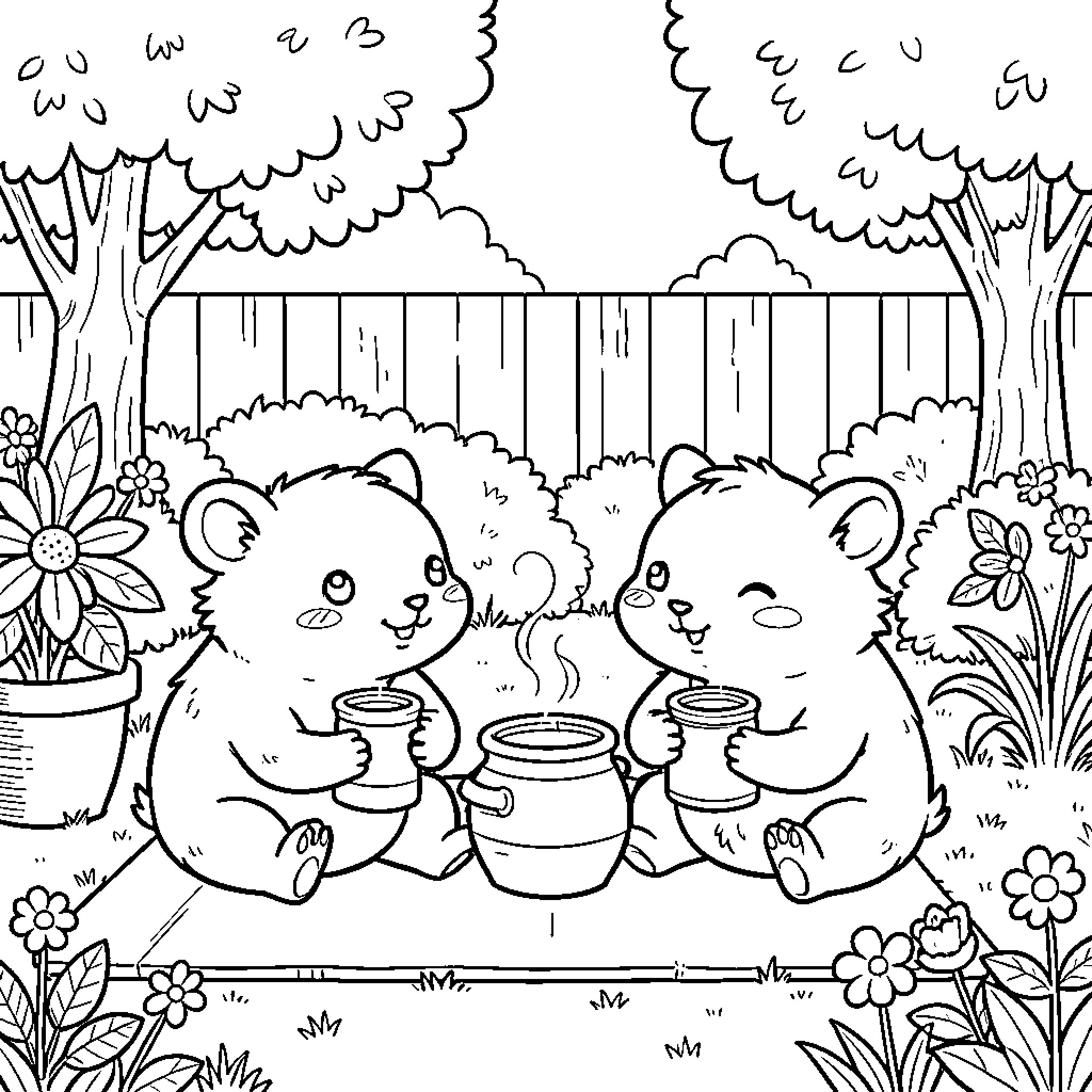 Familia Spending Time in the Peaceful Outdoors Coloring Page (free black-and-white line drawing printable PDF for all, from beginners to advanced learners, including children, teens, adults, and seniors)