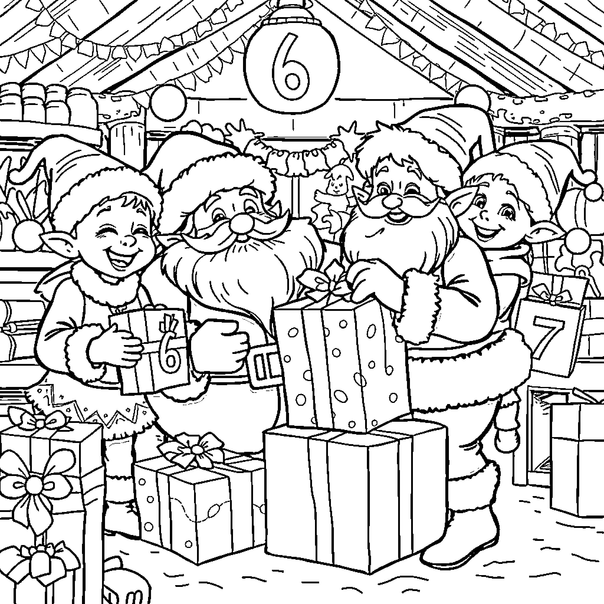 Santa and friends celebrate the holiday season Coloring Page (free black-and-white line drawing printable PDF for all, from beginners to advanced learners, including children, teens, adults, and seniors)