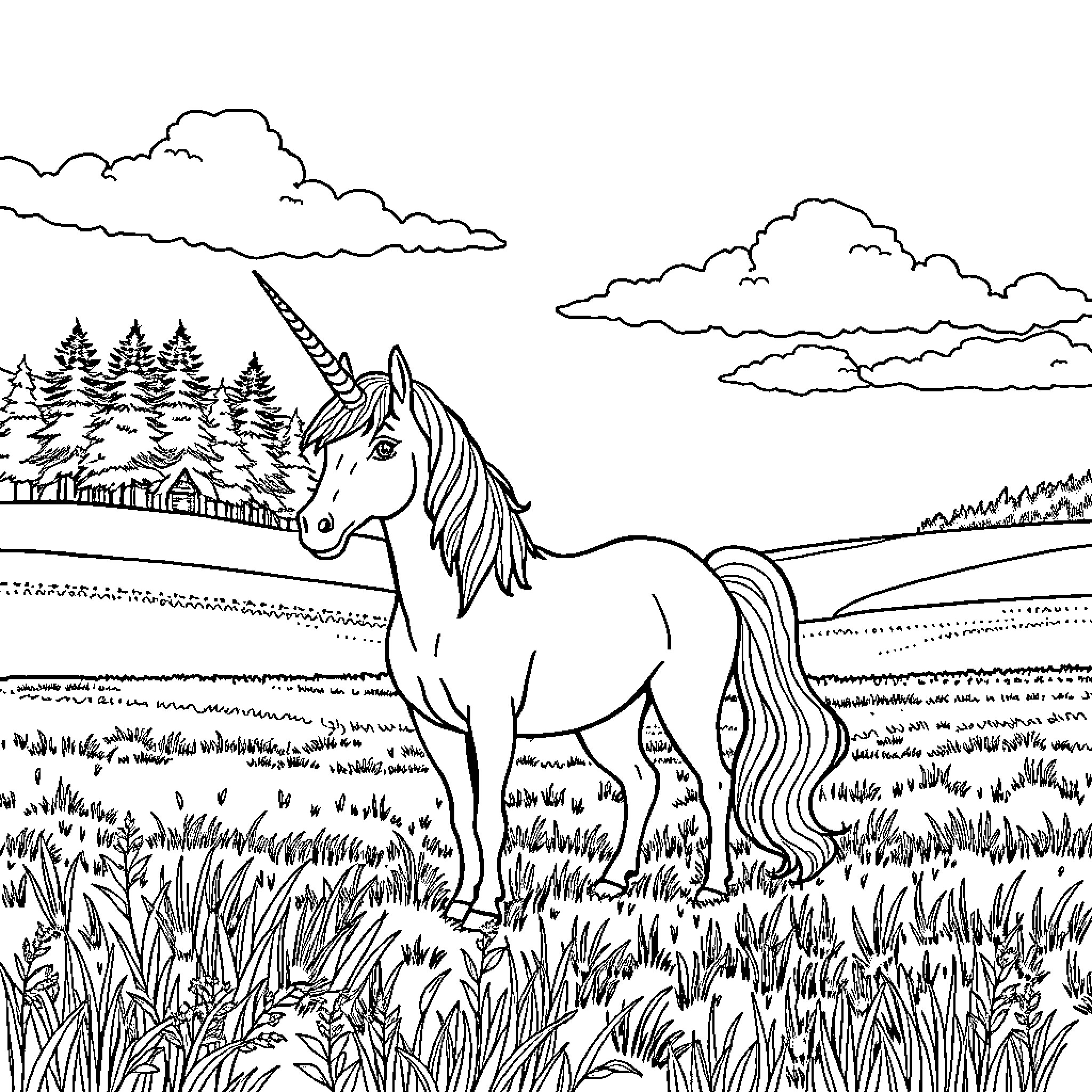 Unicorn standing majestically in a serene landscape Coloring Page (free black-and-white line drawing printable PDF for all, from beginners to advanced learners, including children, teens, adults, and seniors)
