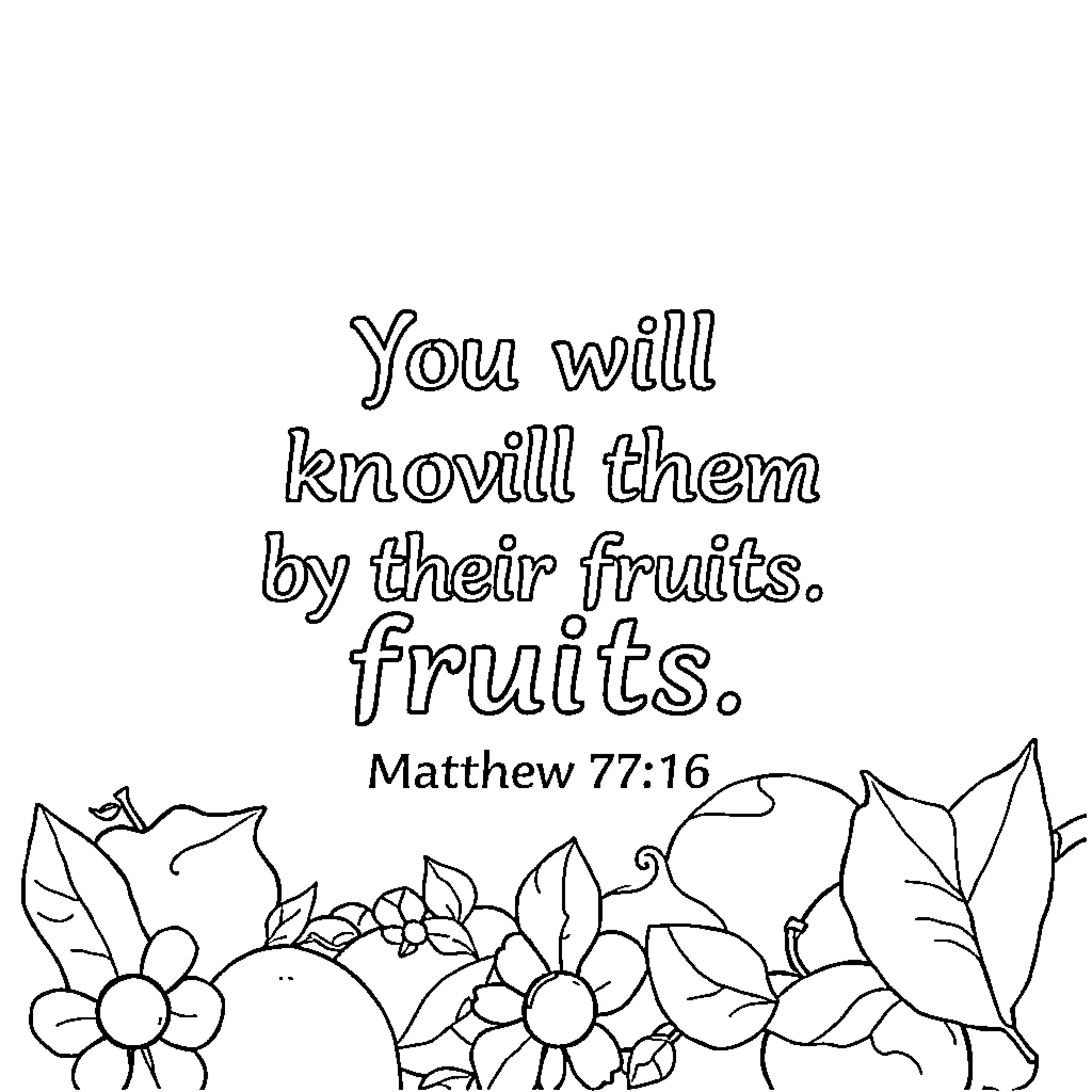 Fruit-filled biblical quote with floral illustration Coloring Page (free black-and-white line drawing printable PDF for all, from beginners to advanced learners, including children, teens, adults, and seniors)