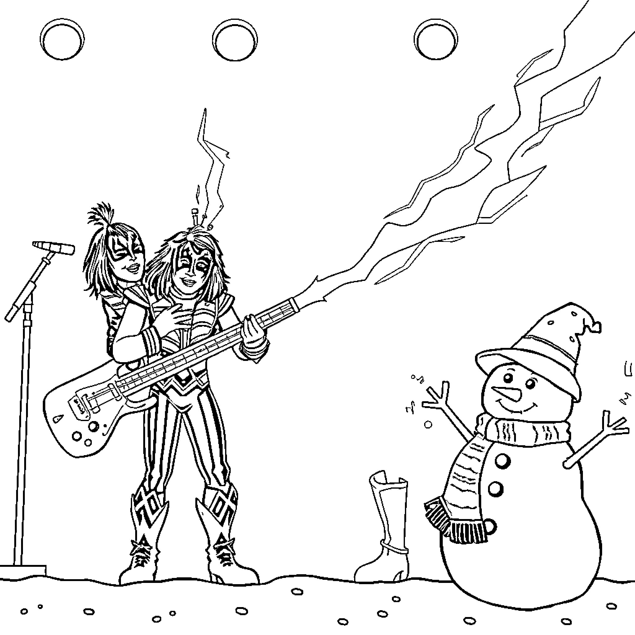Kiss of Friendship in the Snowy Scene Coloring Page (free black-and-white line drawing printable PDF for all, from beginners to advanced learners, including children, teens, adults, and seniors)