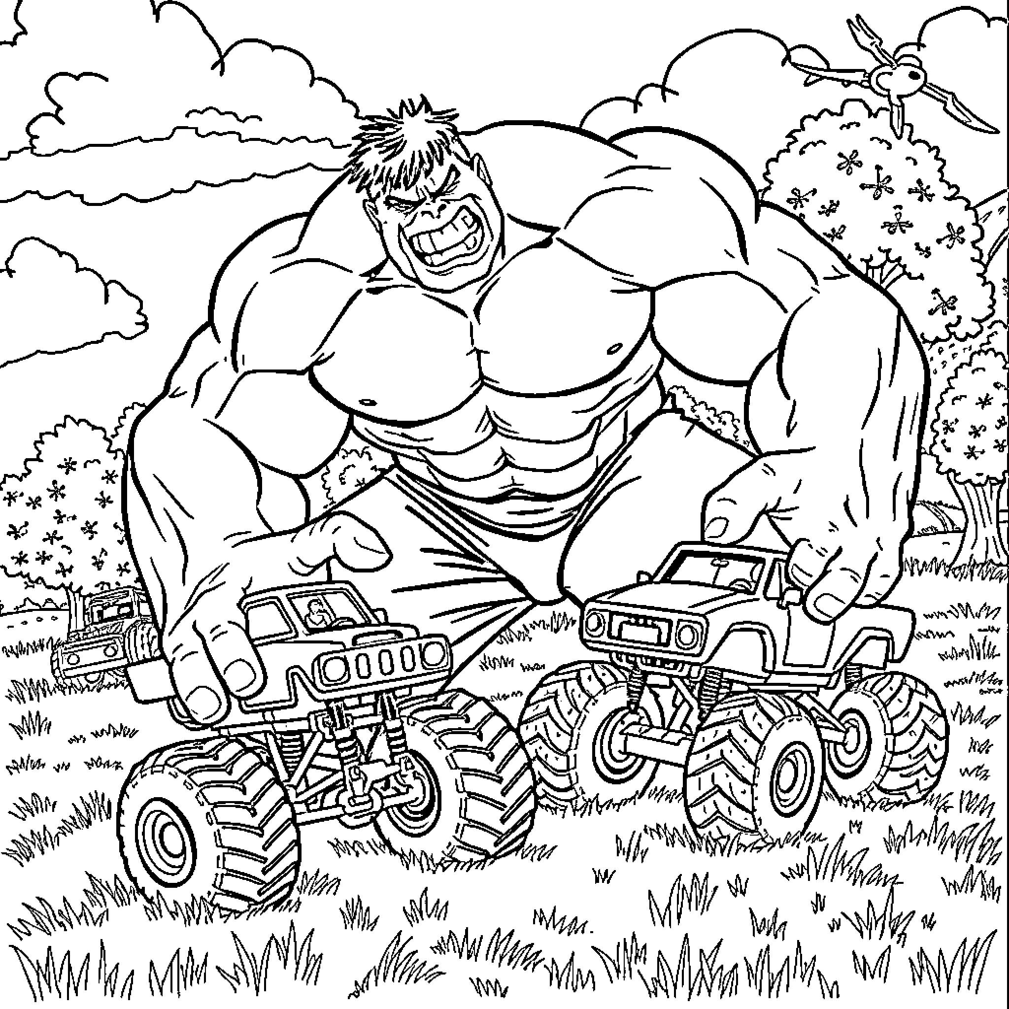 Hulk Demolishes Trucks in Destructive Rampage Coloring Page (free black-and-white line drawing printable PDF for all, from beginners to advanced learners, including children, teens, adults, and seniors)