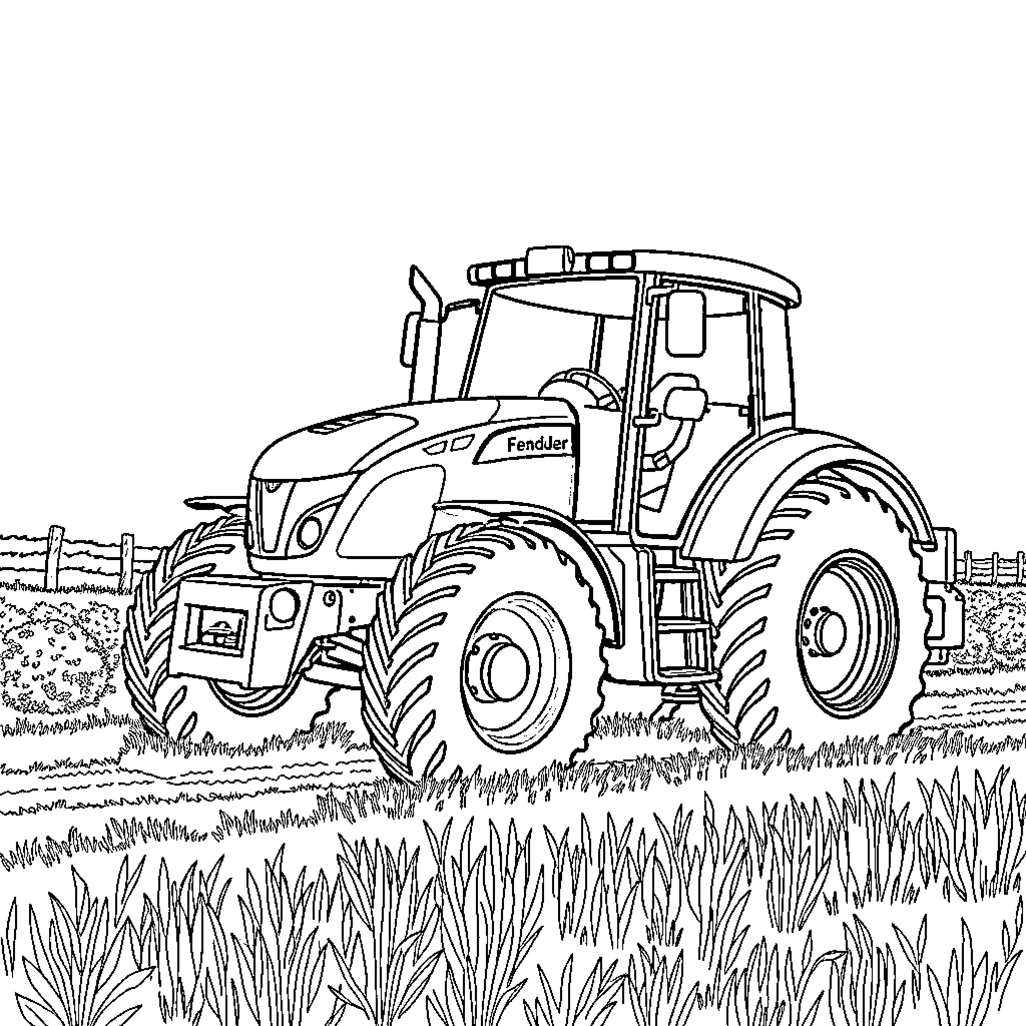 Tractor plowing through a field of grass Coloring Page (free black-and-white line drawing printable PDF for all, from beginners to advanced learners, including children, teens, adults, and seniors)