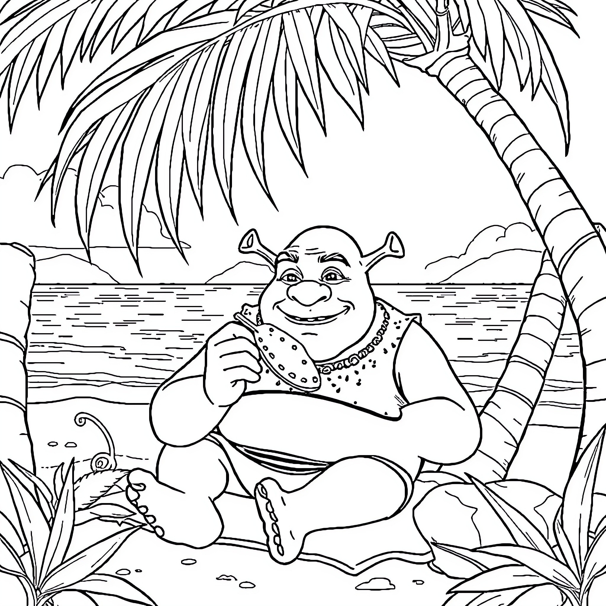 Shrek relaxing on a tropical beach Coloring Page (free black-and-white line drawing printable PDF for all, from beginners to advanced learners, including children, teens, adults, and seniors)